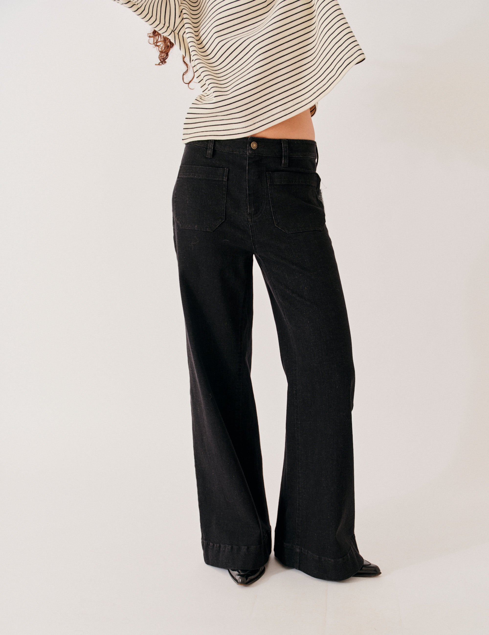 Washed black denim front view
