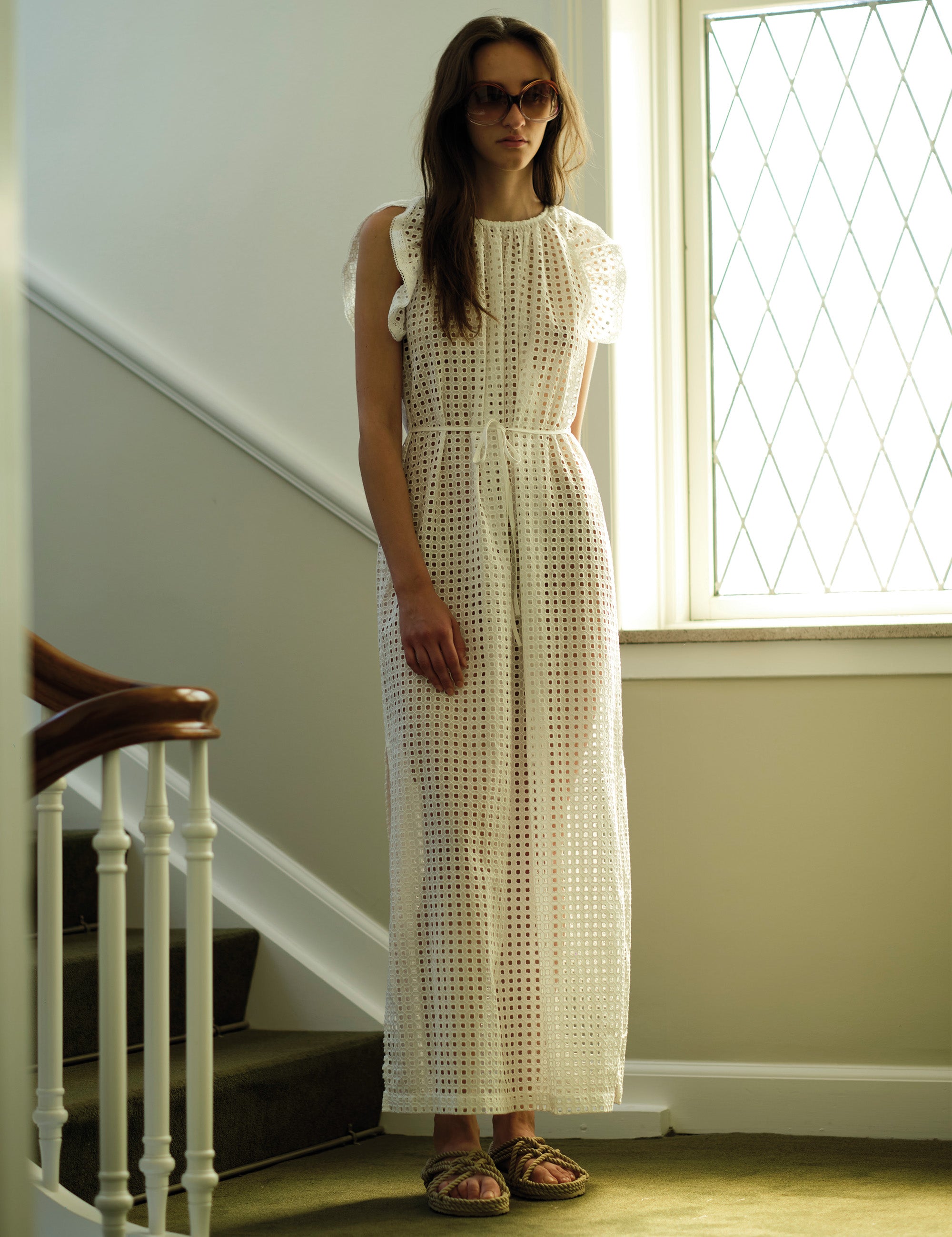 Front studio view with ruffled cap sleeves