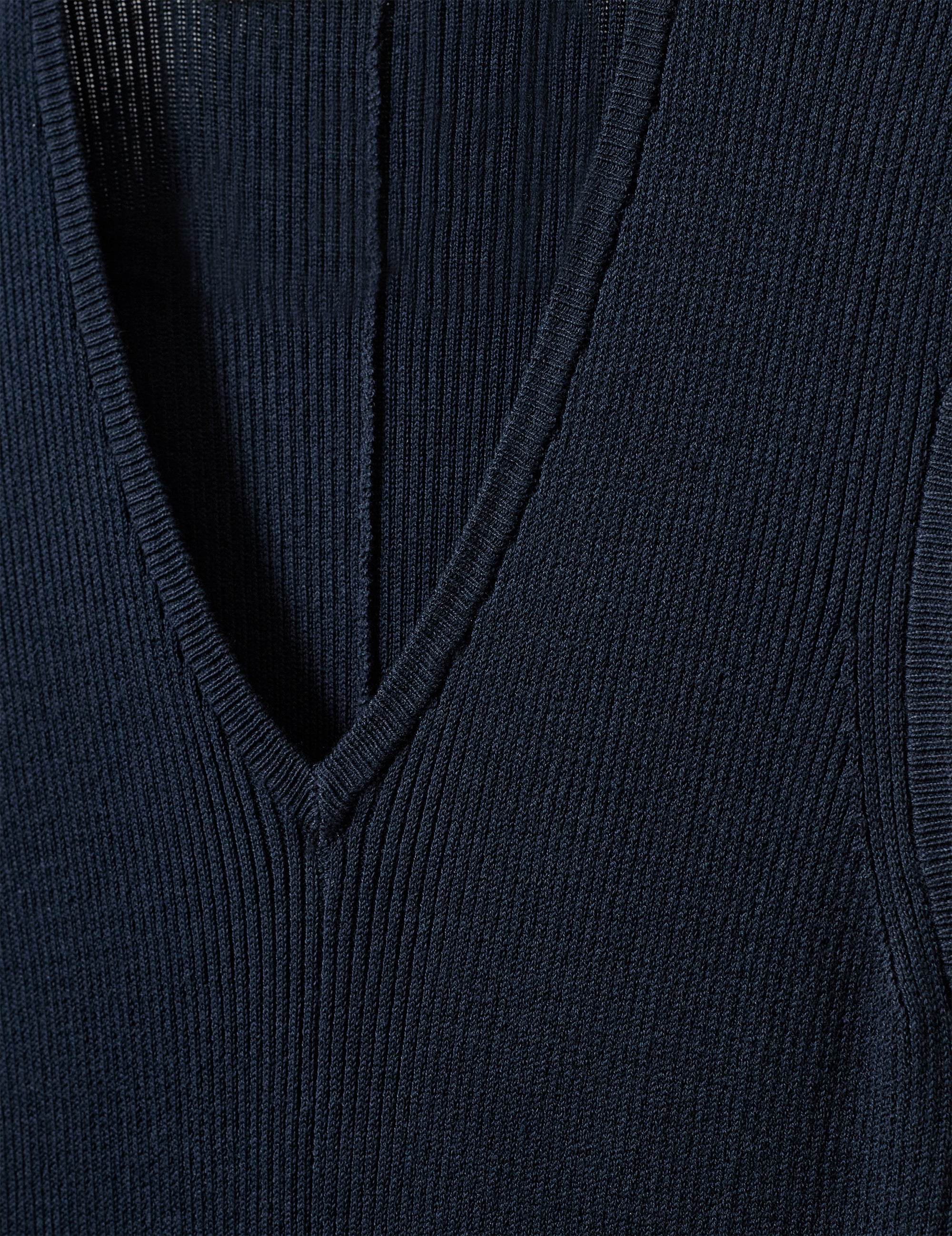 Close view of the ribbed V-neck