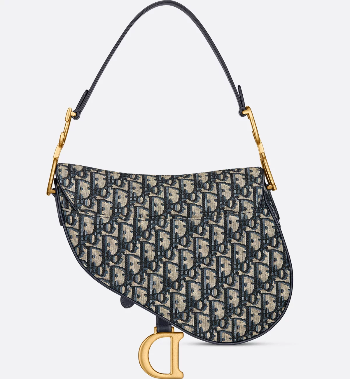 Detail of the curved saddle silhouette and antique-gold D