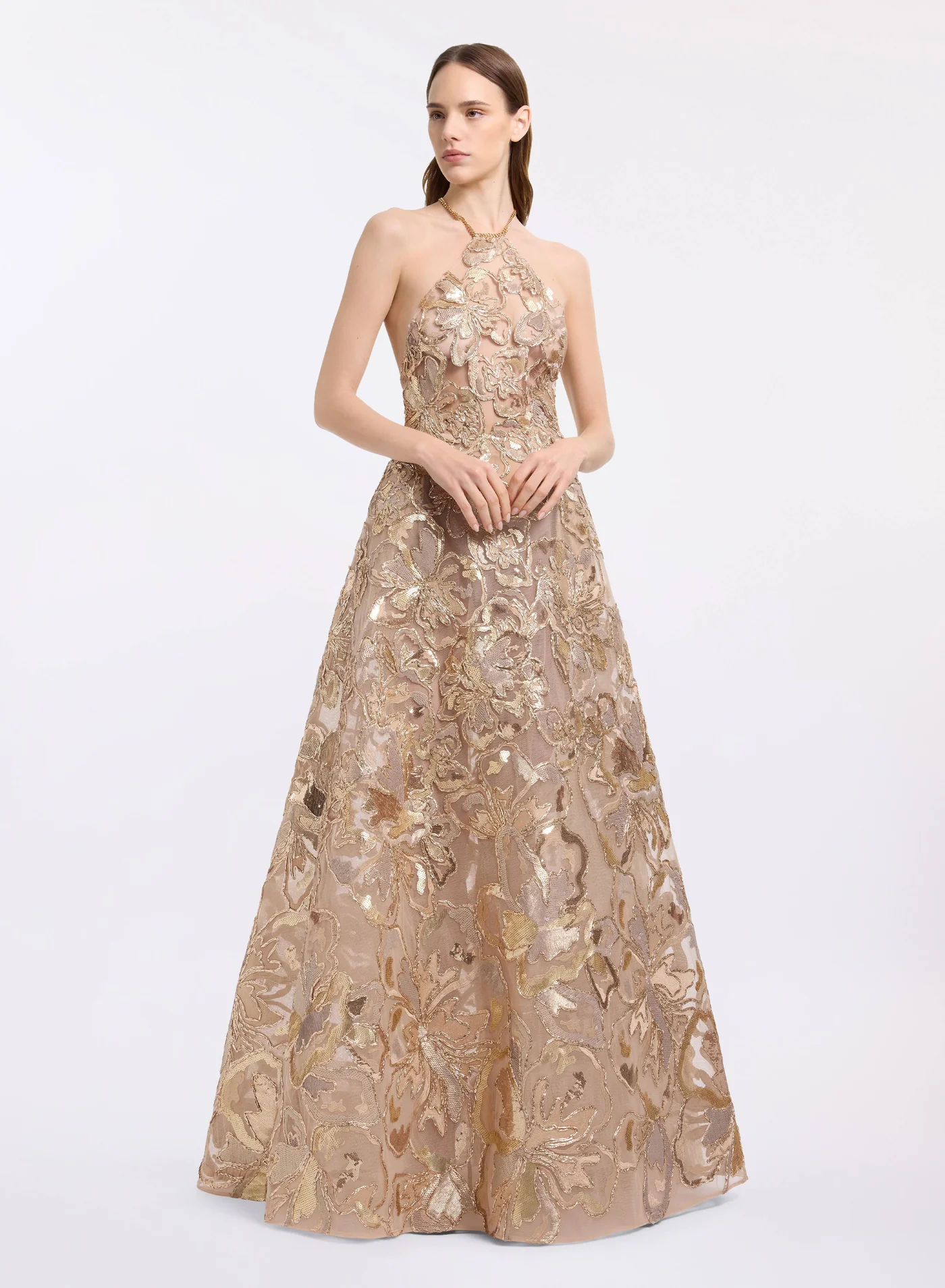 Halter-Neck Sequin Embroidered Tulle Dress
