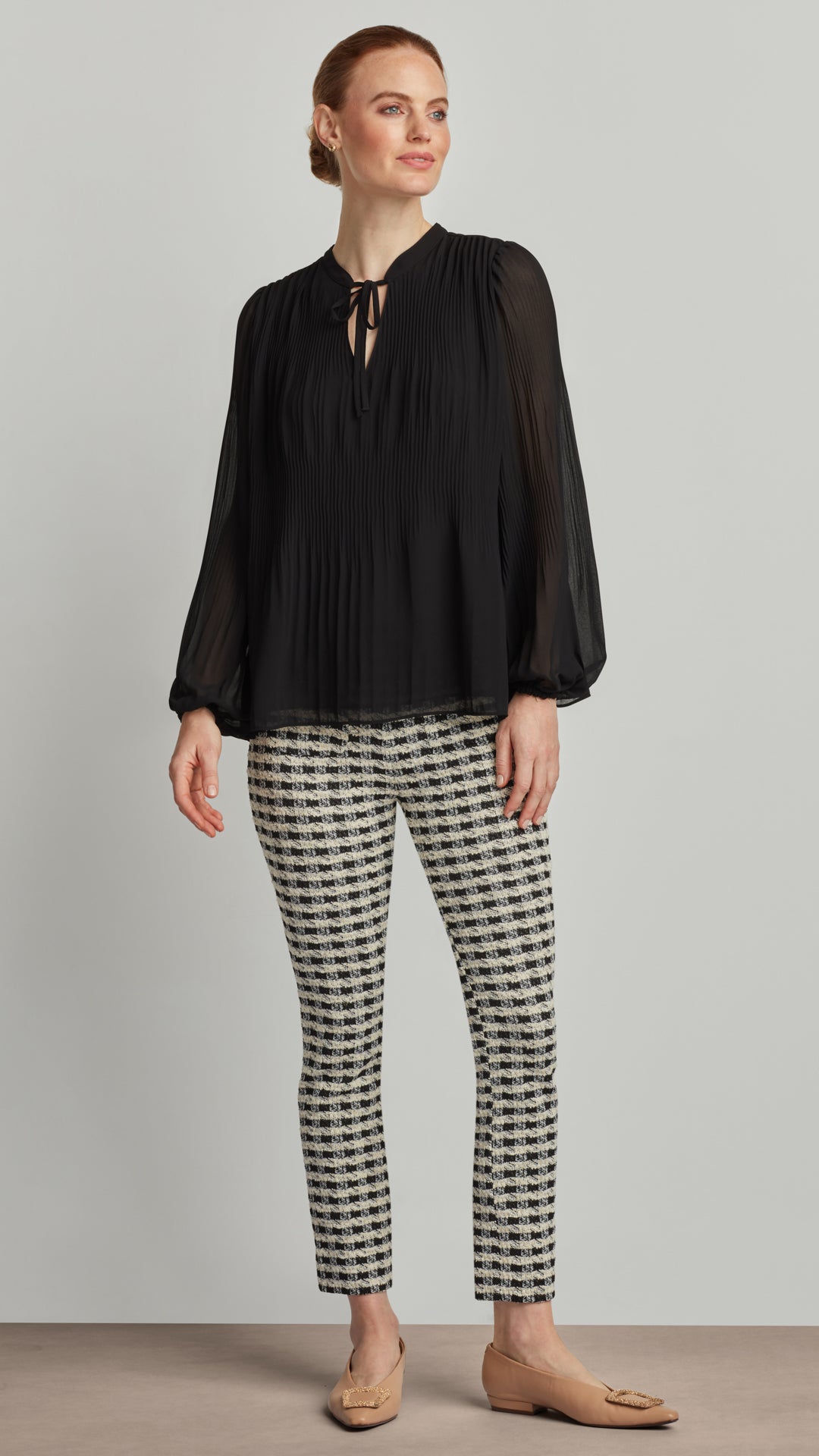 Semi-Pleated Tie-Neck Shirt