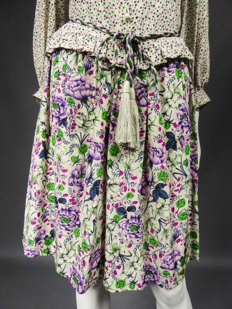 floral skirt and ruffled blouse