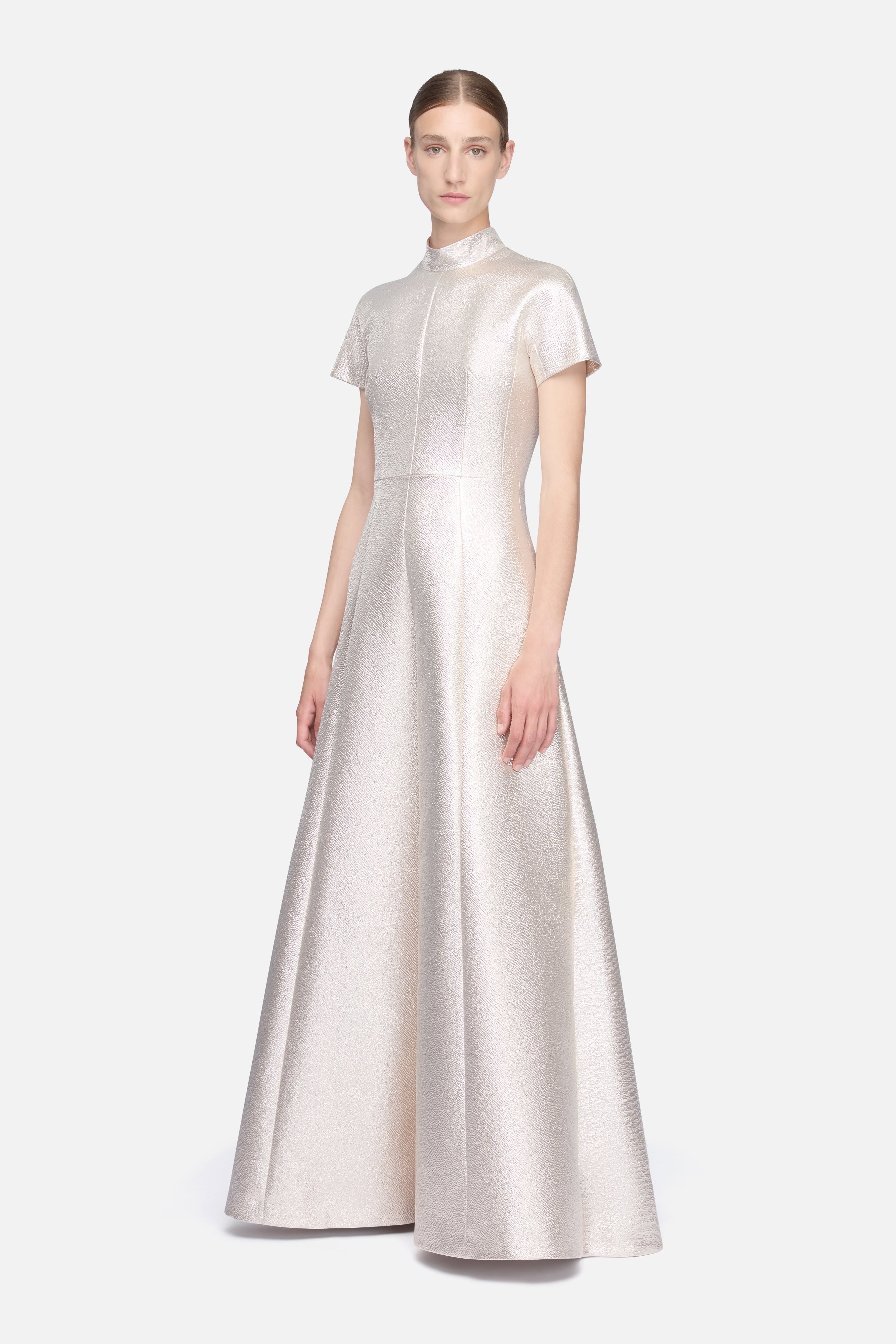 short sleeves and high neckline