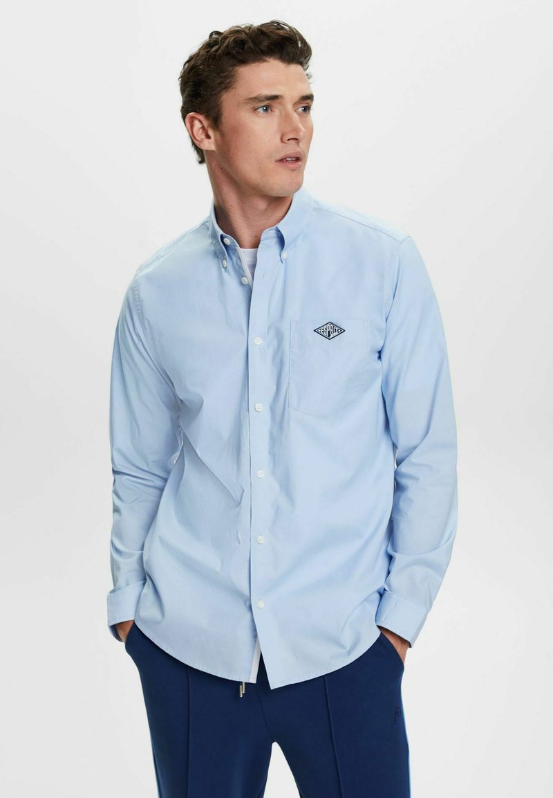 blue button-down shirt