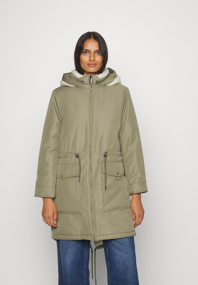 olive hooded parka front view