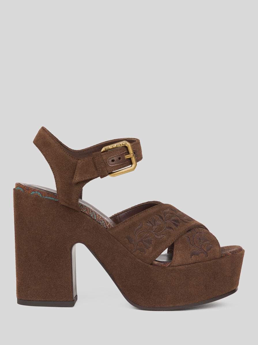 Suede Platform Sandals with Embroidery
