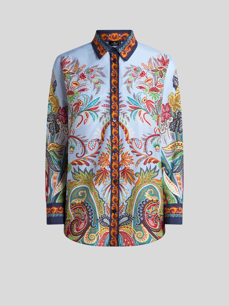Cotton and Silk Shirt with Placed Paisley Foliage Print
