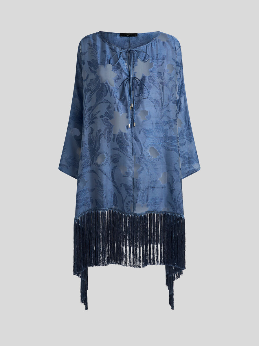 Silk Jacquard Kaftan with Fringing and Fil Coupé Floral Motif