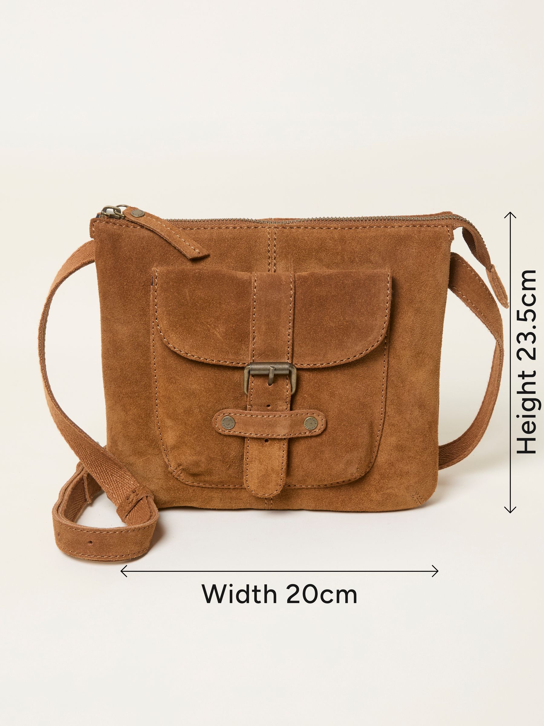 Libby Tan Brown Suede Crossbody Bag — location still life