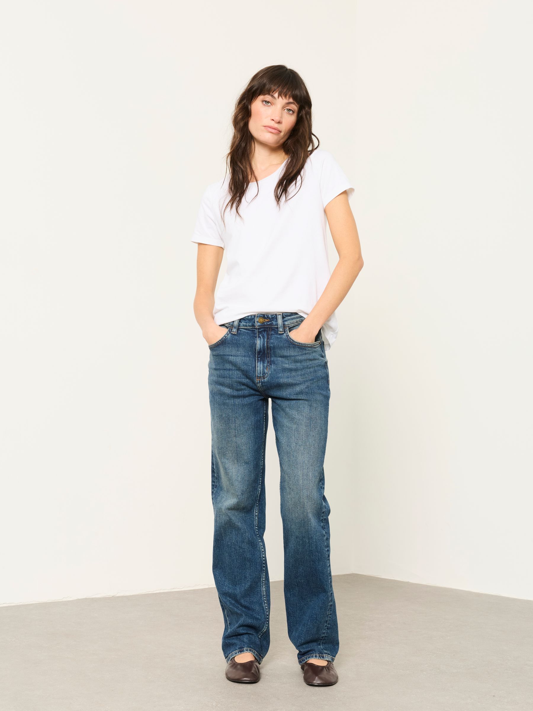 Filby Blue Denim Regular Relaxed Straight Jeans — location worn
