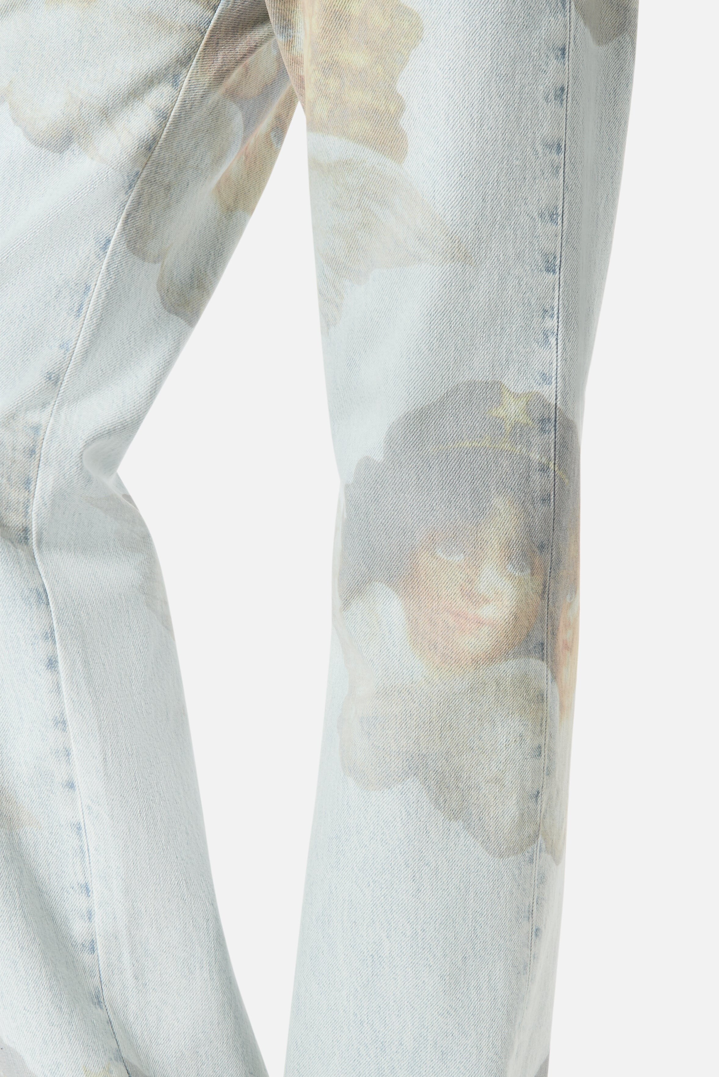 close view of the printed denim surface