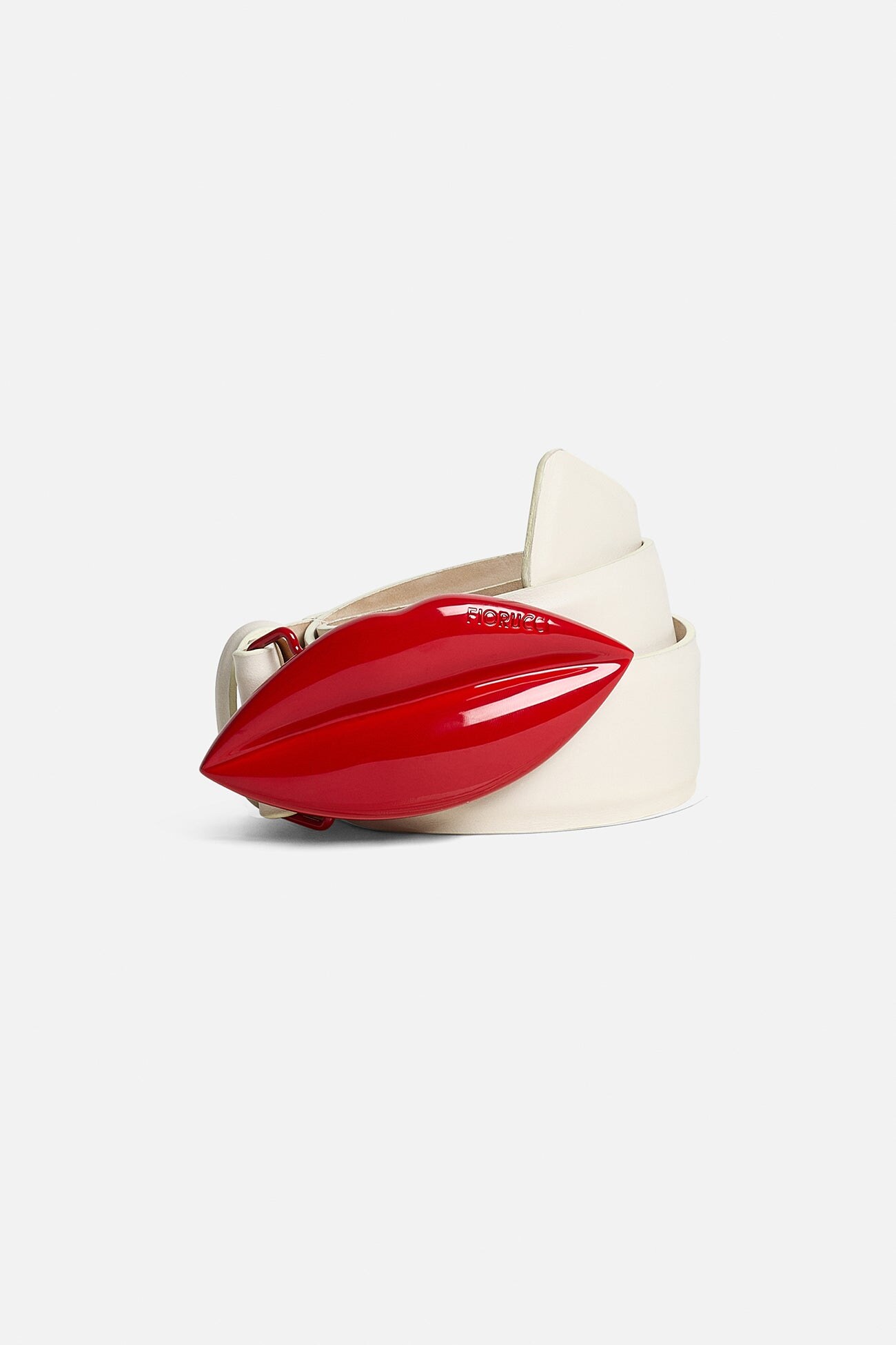 white leather version with red lips buckle