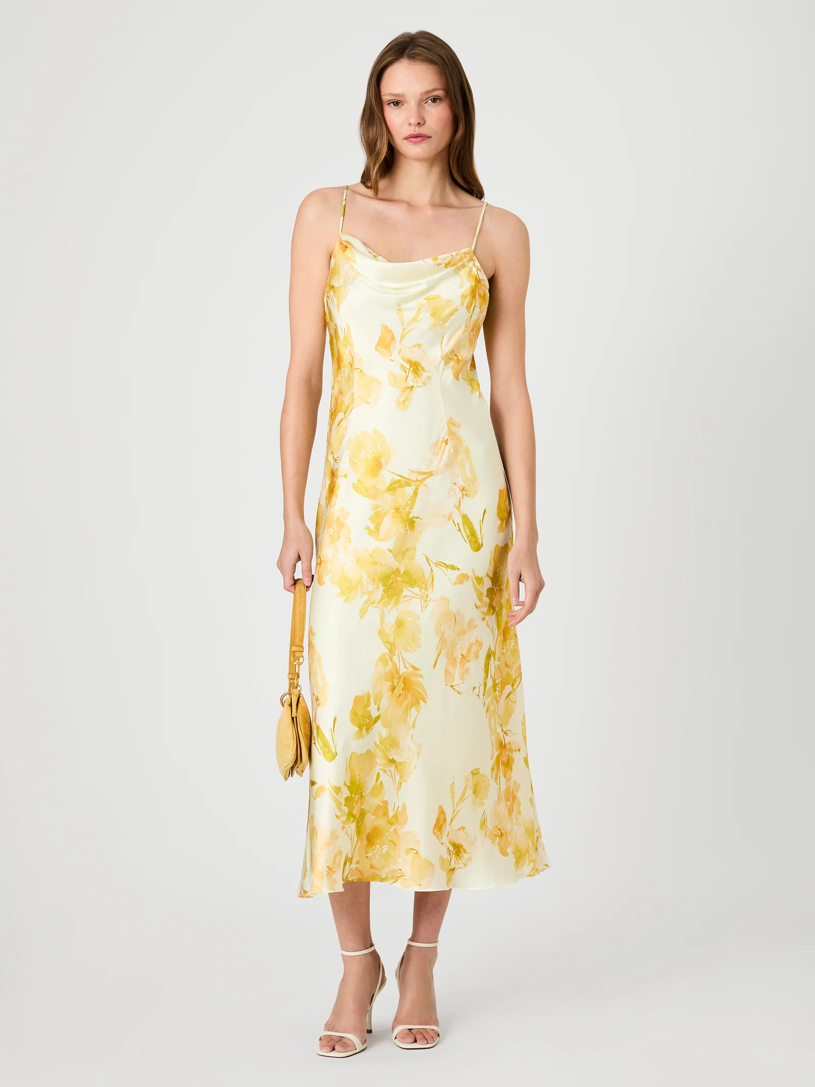 Studio front view of the cowl-neck dress