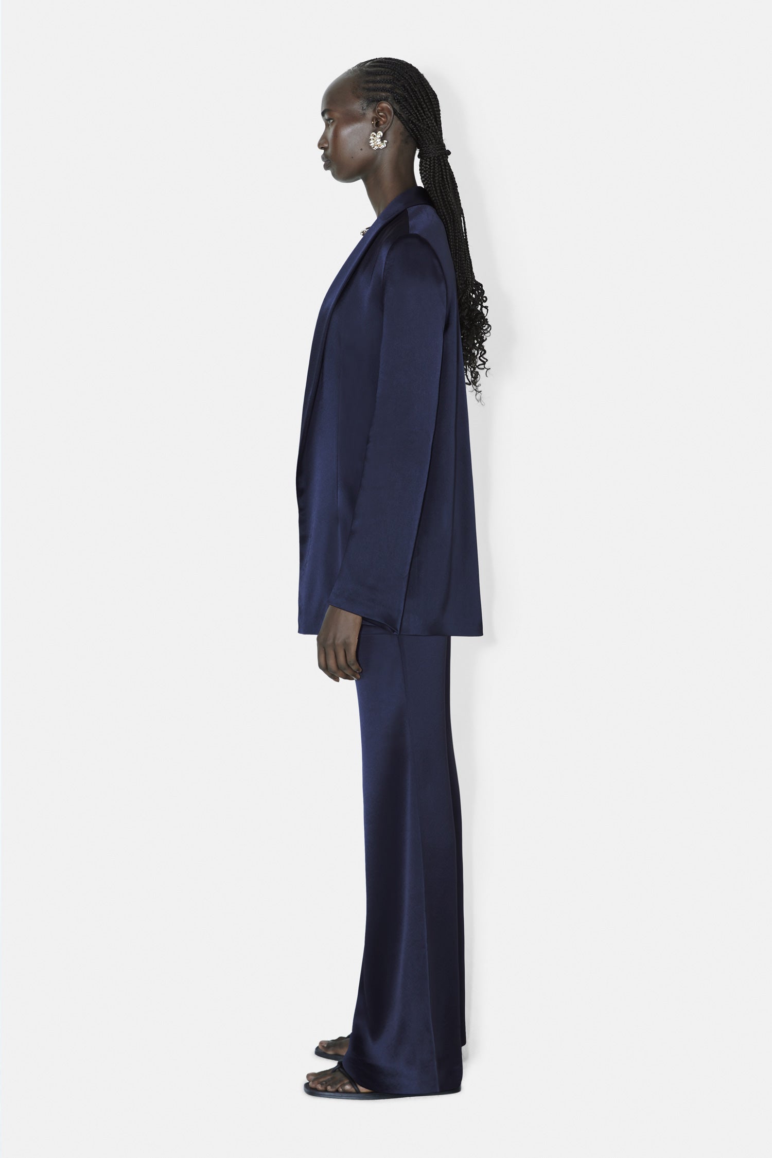 draped side view of the satin jacket
