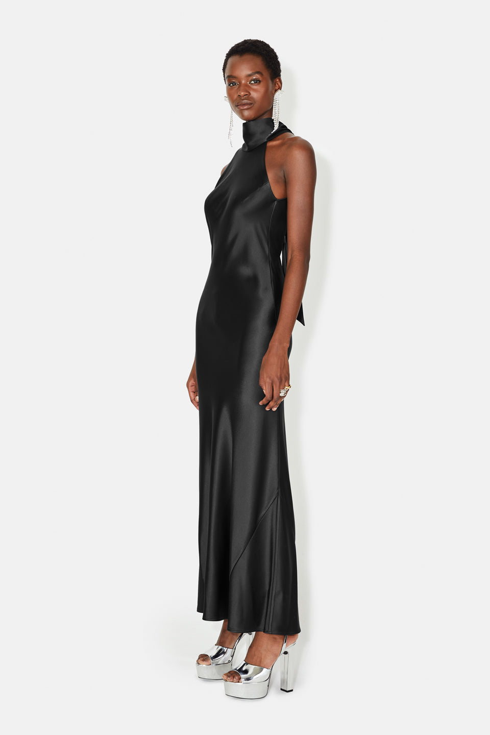 side view of the draped bias-cut satin