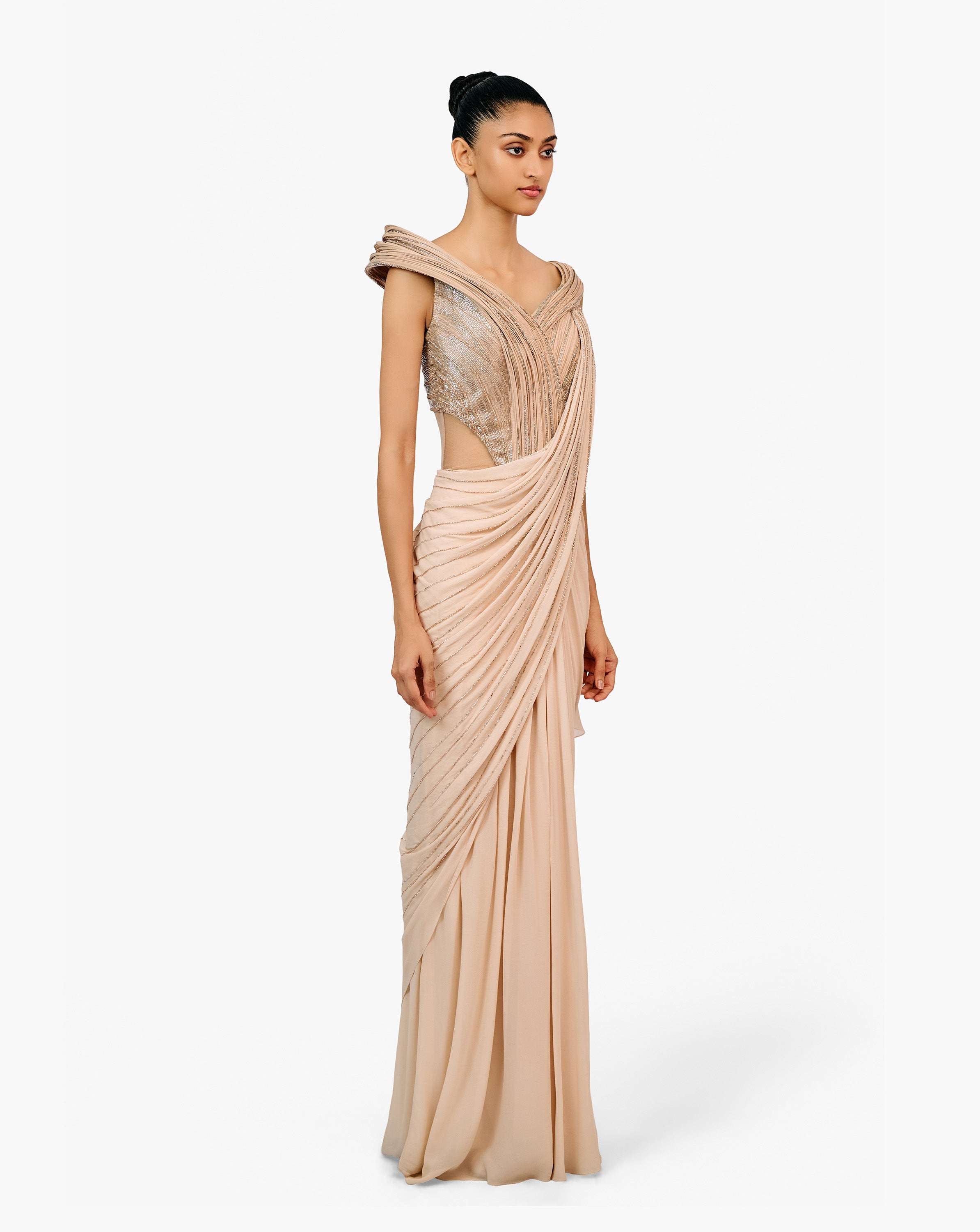 Side profile of rose-champagne drape