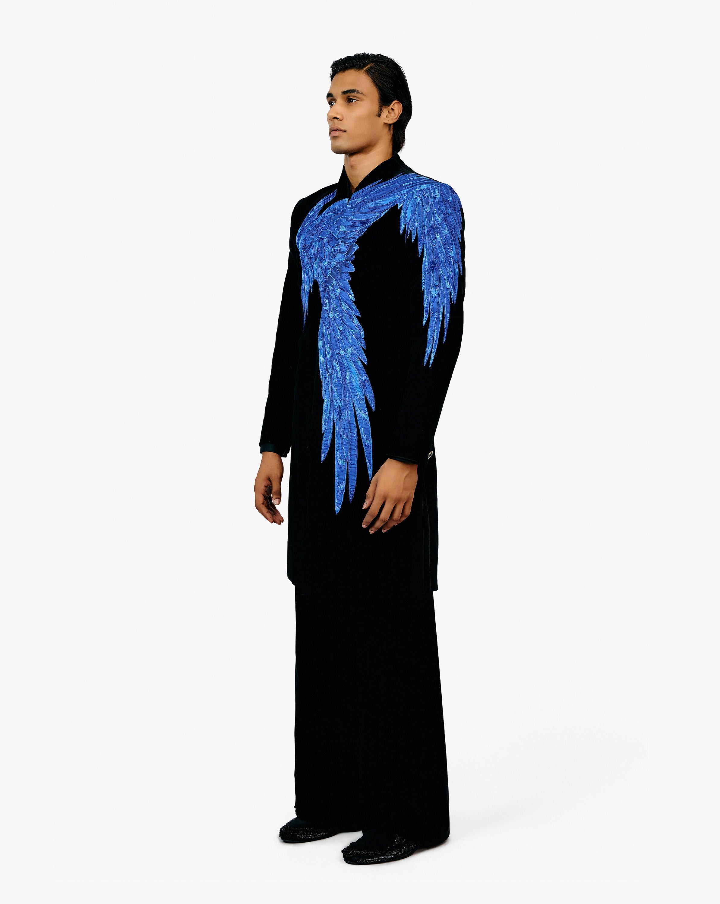Side view of blue embroidery