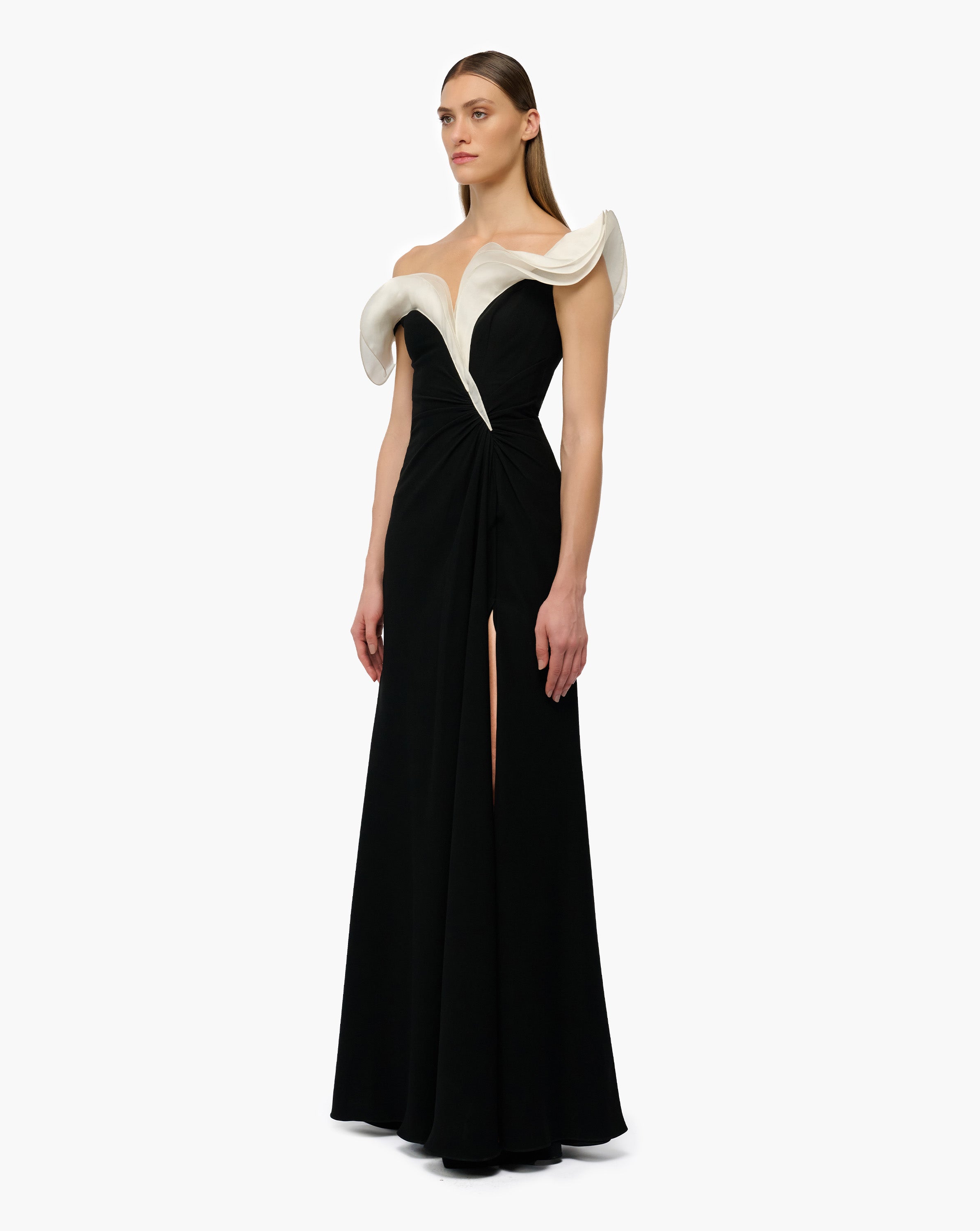 Three-quarter view of draped bodice