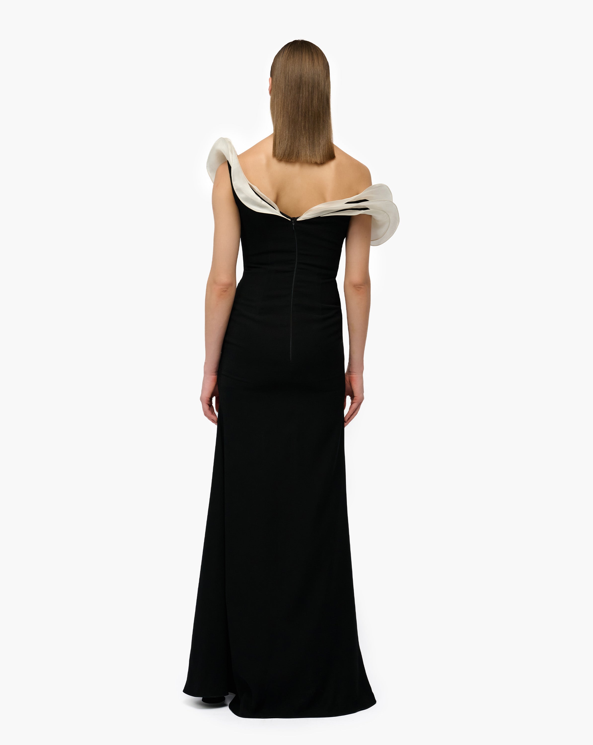 Close crop of the off-shoulder neckline