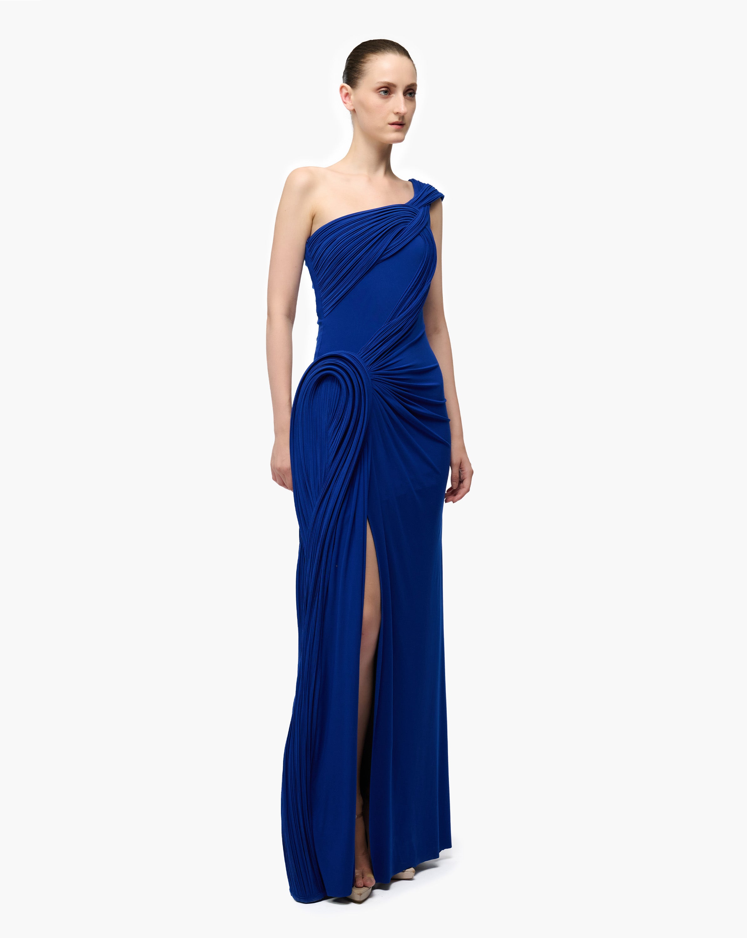 Ultramarine blue draped neckline