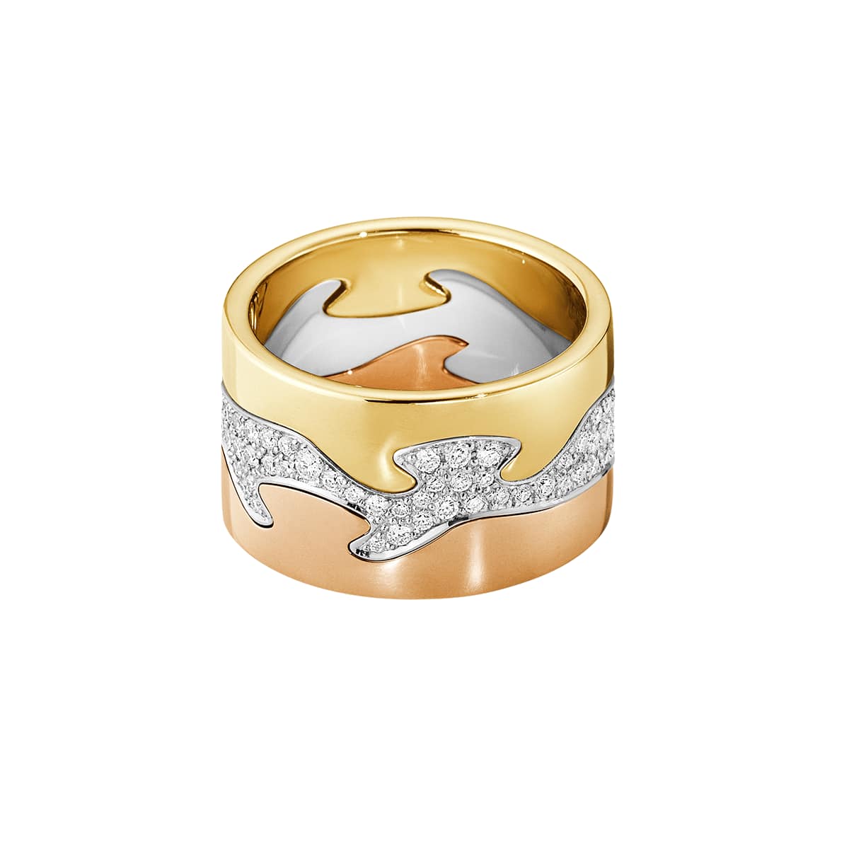 Yellow, white and rose gold Fusion ring stack