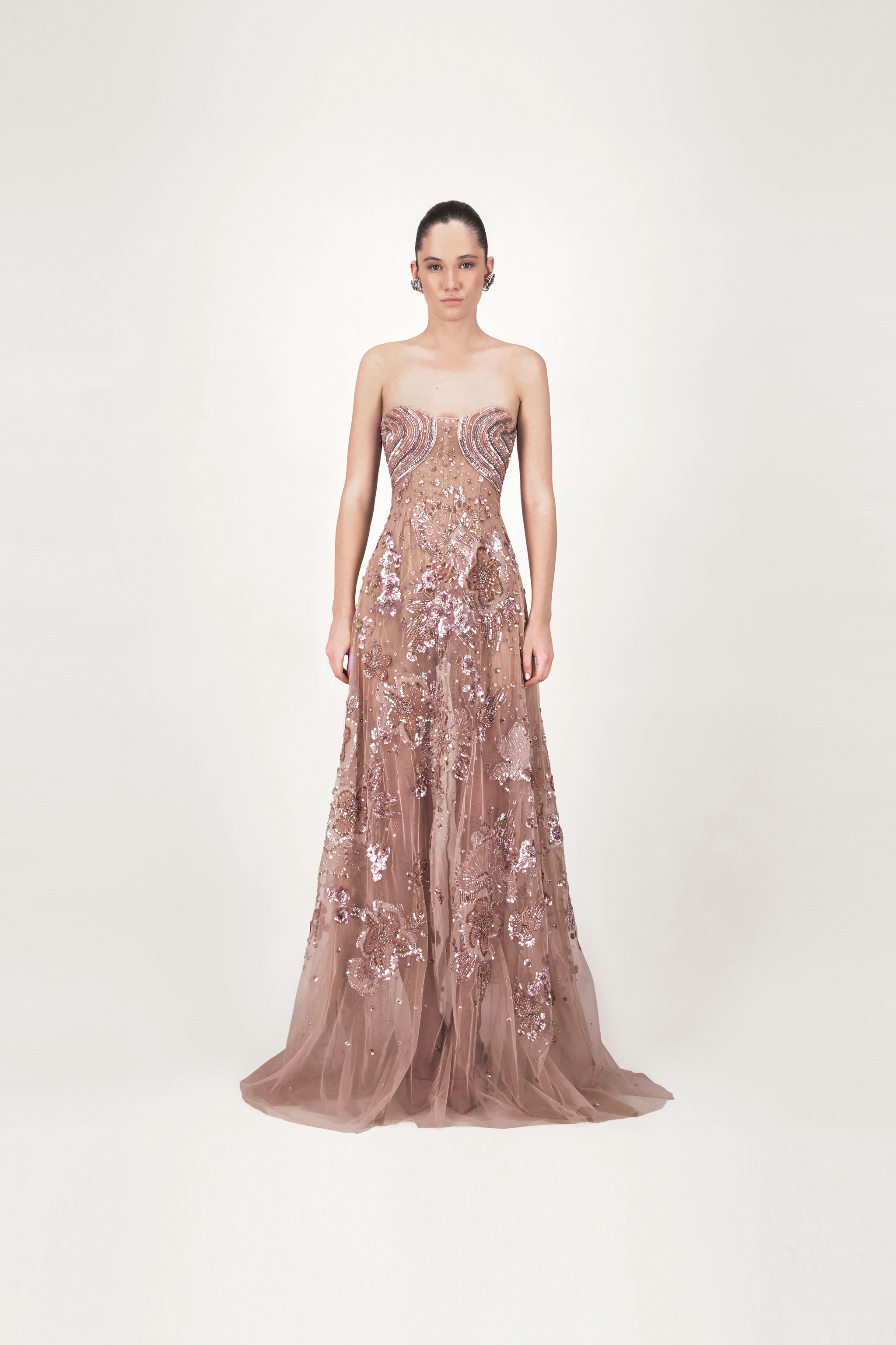 Strapless Embroidered Flared Long Dress
