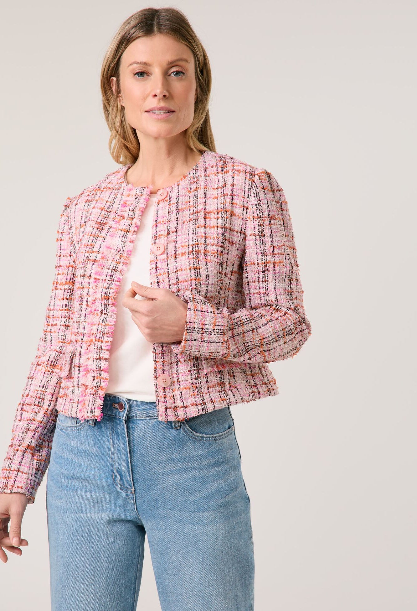 Bouclé-Look Blazer Jacket With Fringed Edge