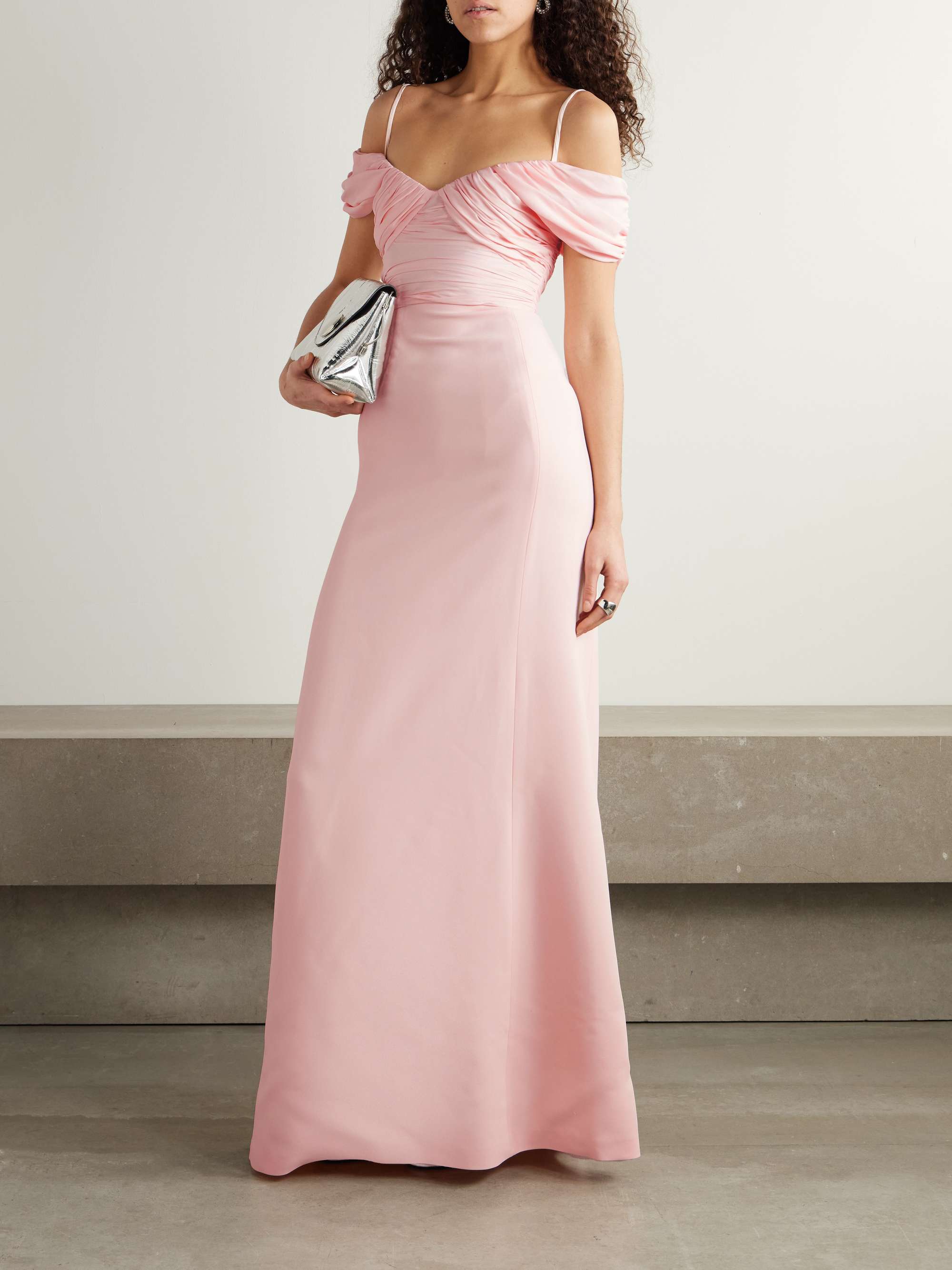 Cold-Shoulder Gathered Crepe Gown