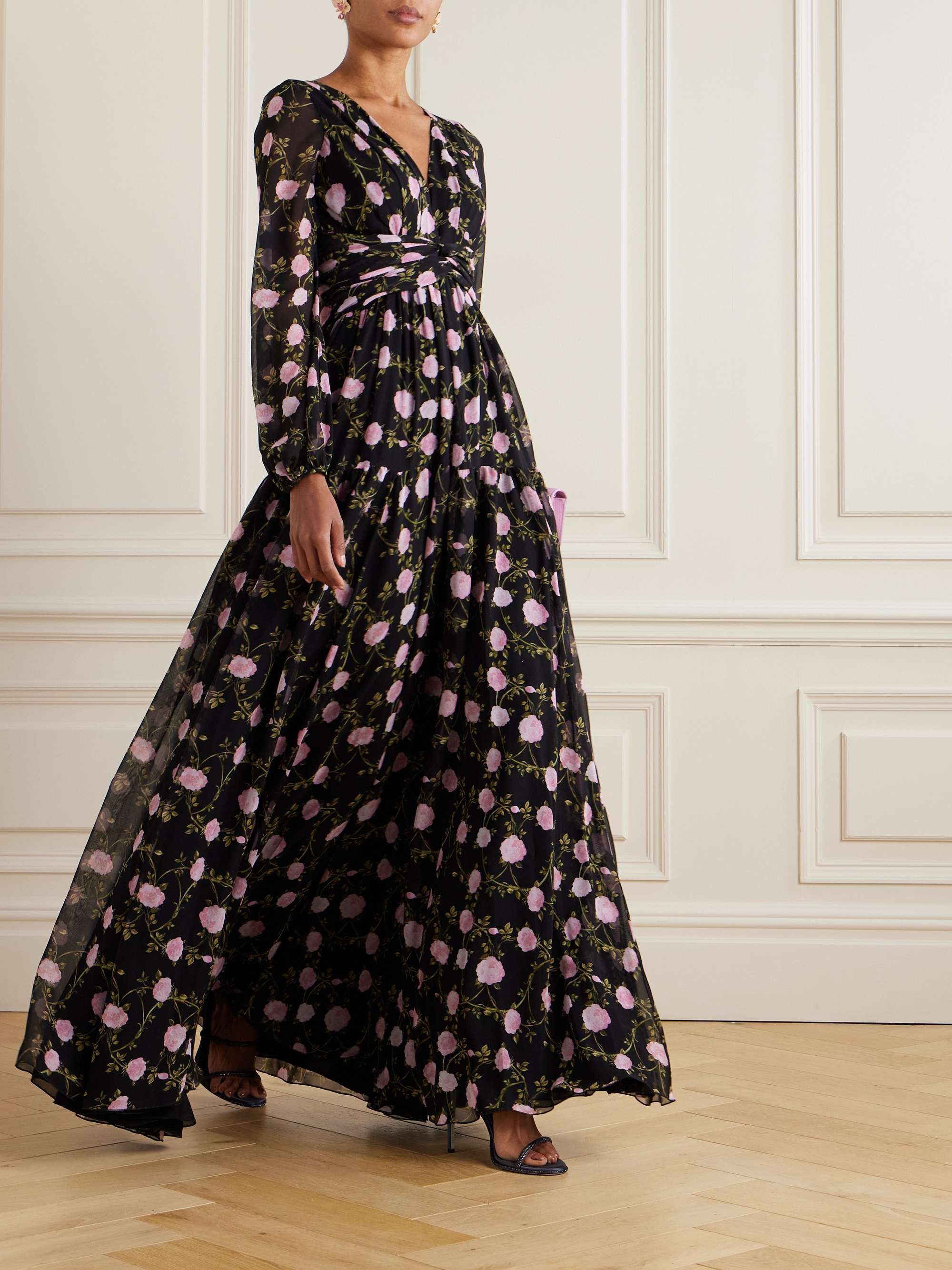 Gathered Floral-Print Silk-Chiffon Gown