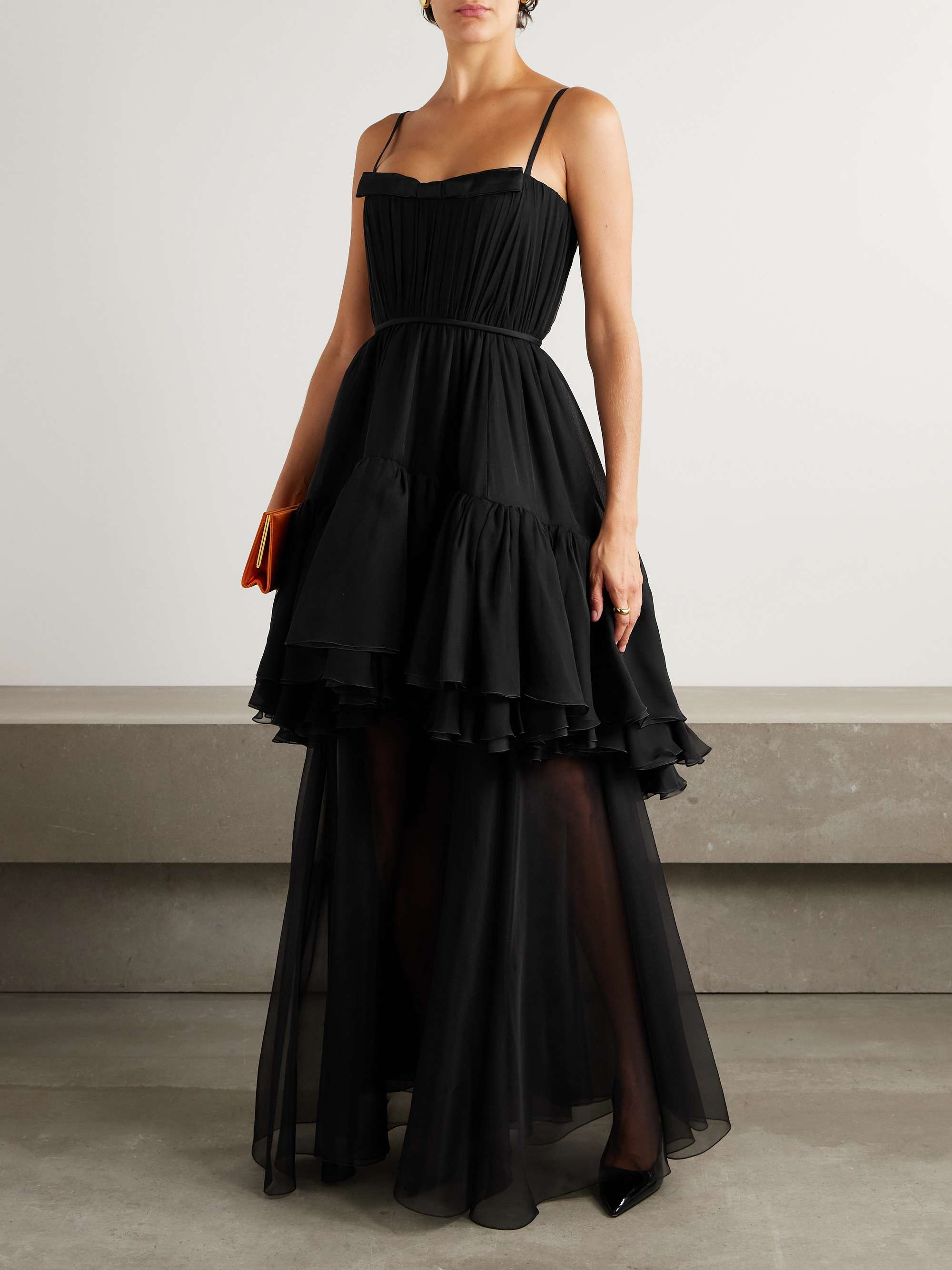 Layered Satin-Trimmed Ruffled Silk-Chiffon Gown