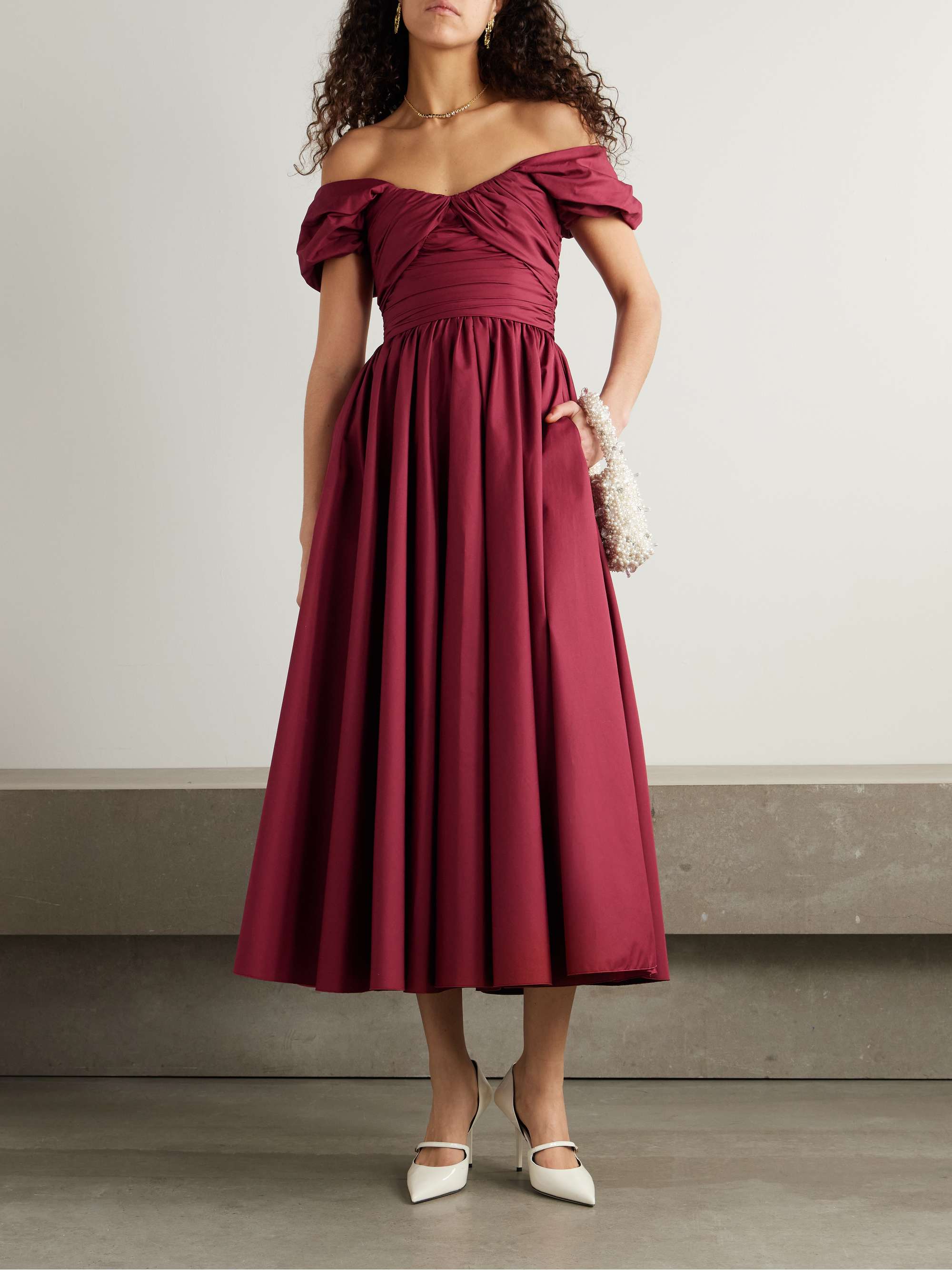 Off-The-Shoulder Gathered Cotton-Poplin Midi Dress