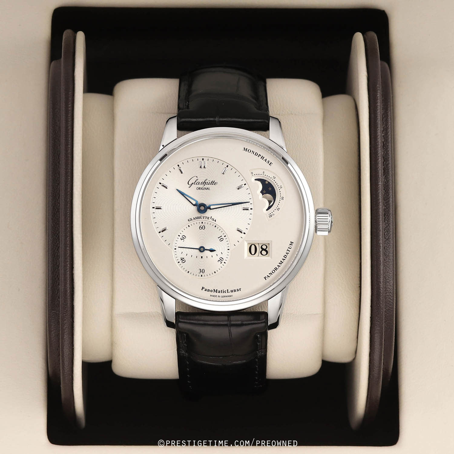 Boxed product view of the PanoMaticLunar silver dial reference