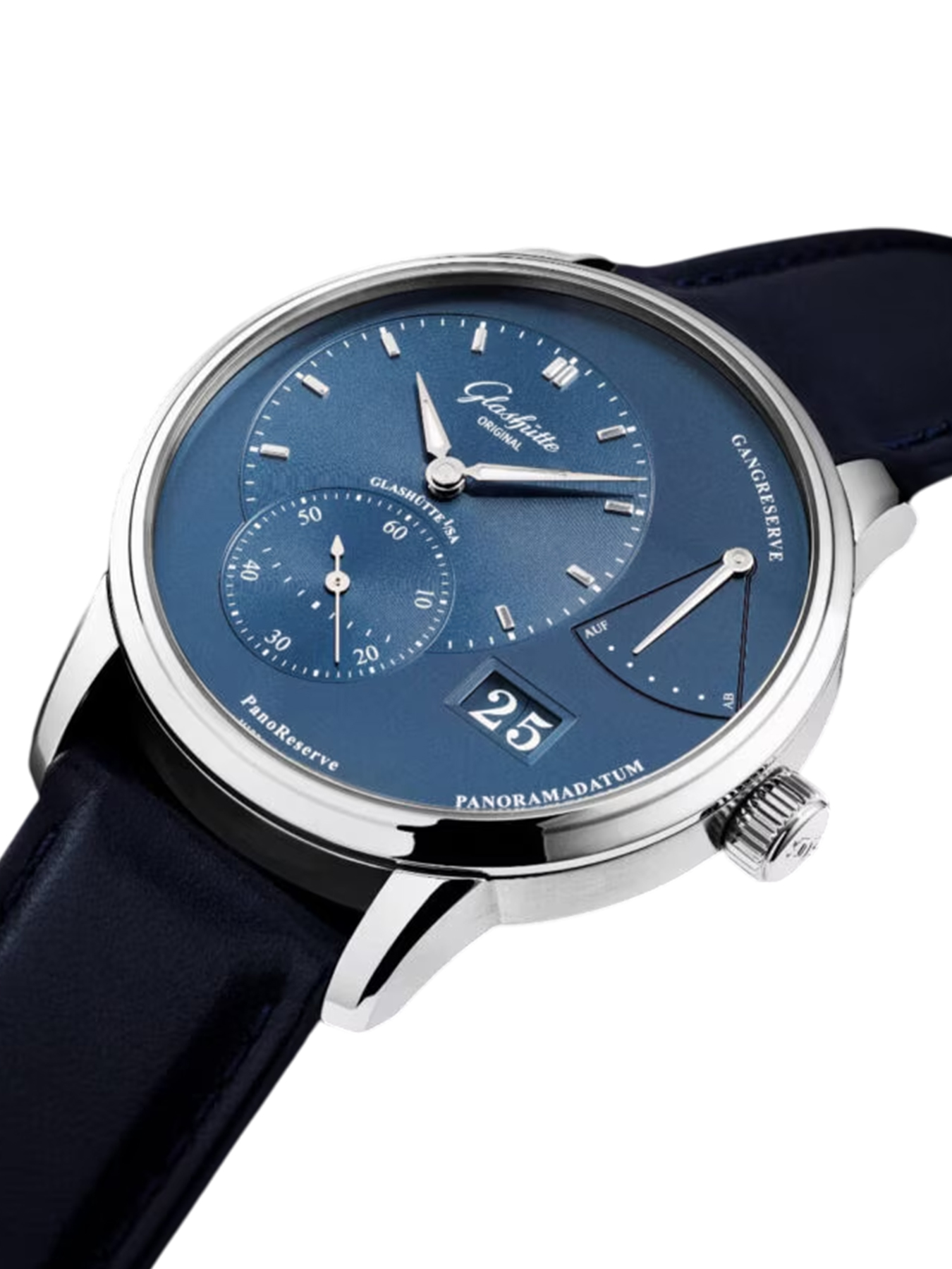 Three-quarter product view with blue strap
