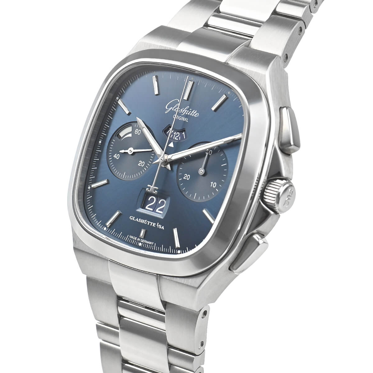 Clean bracelet view with blue dial