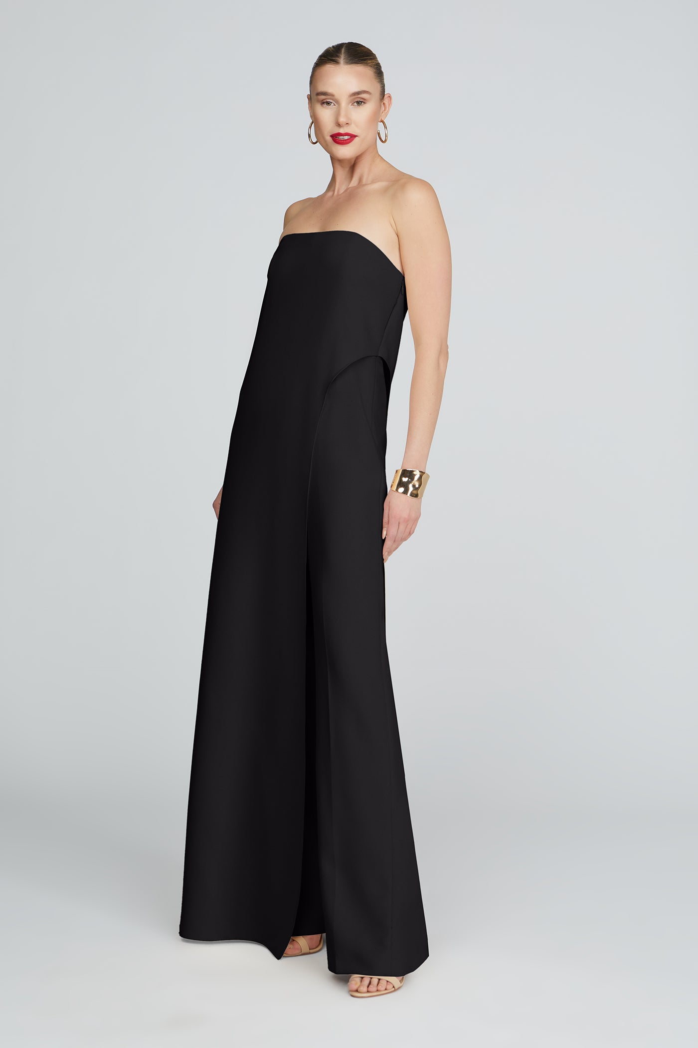 three-quarter pose showing overlay drape