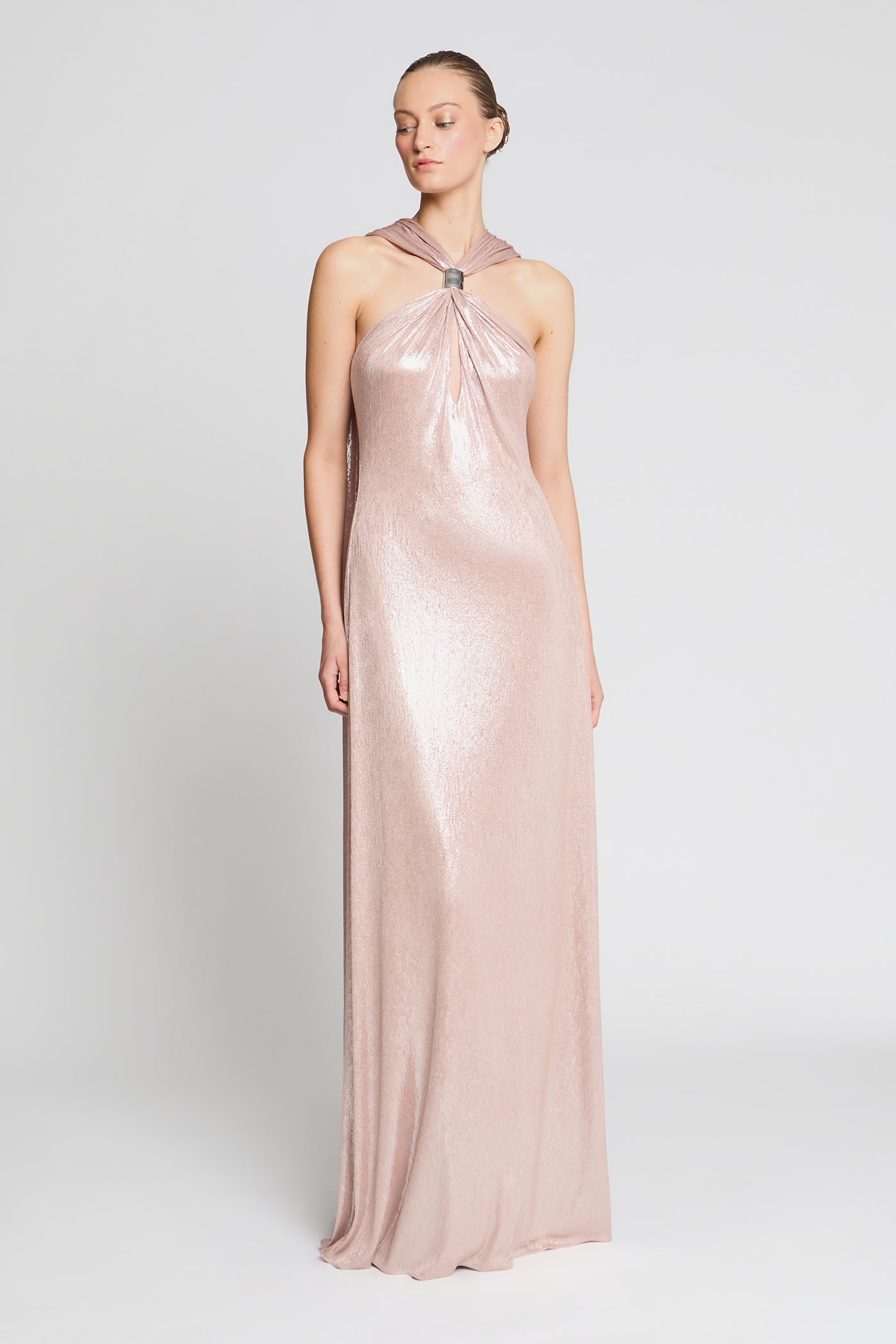 full-length front pose in metallic jersey