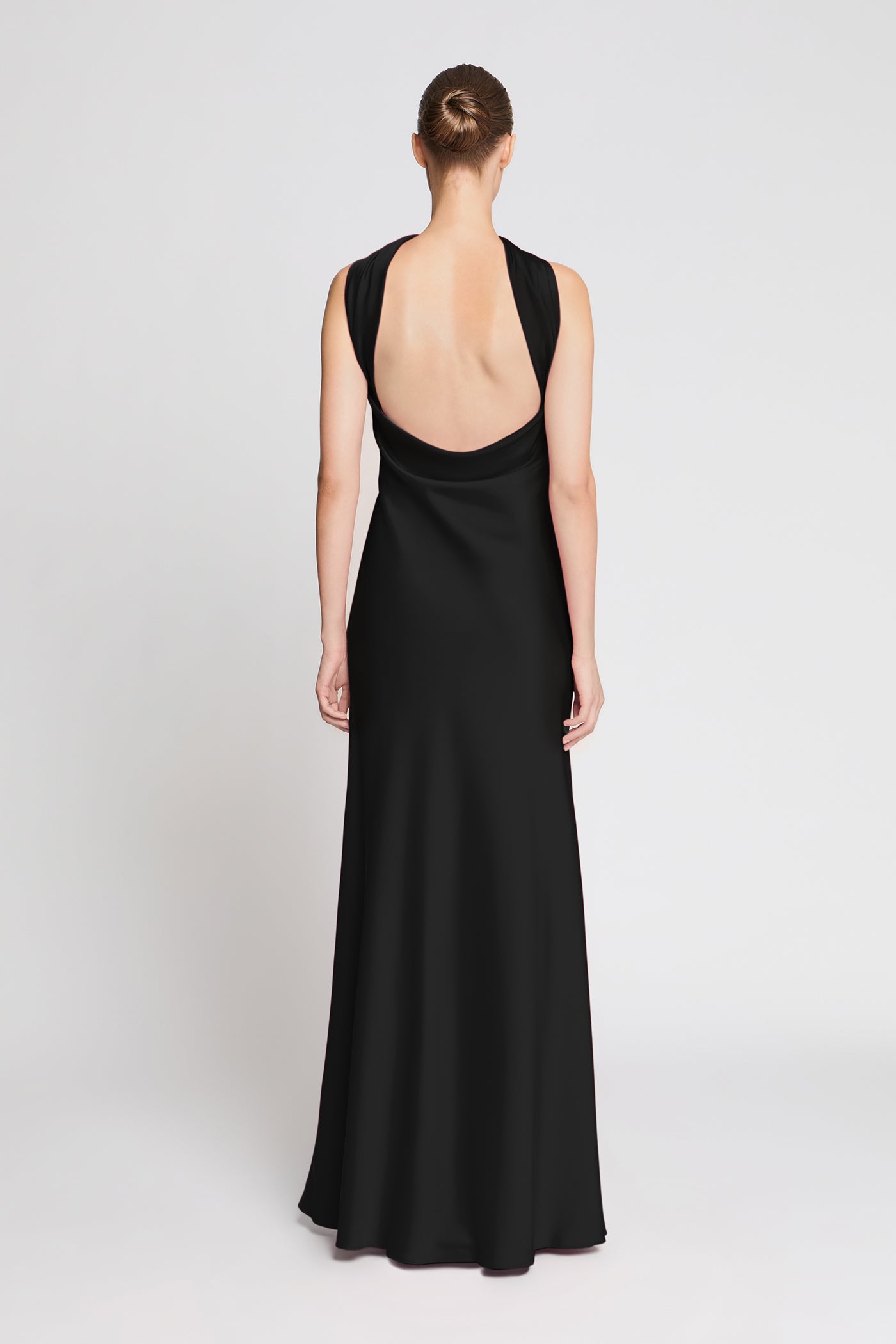 open cowl back and floor-length skirt