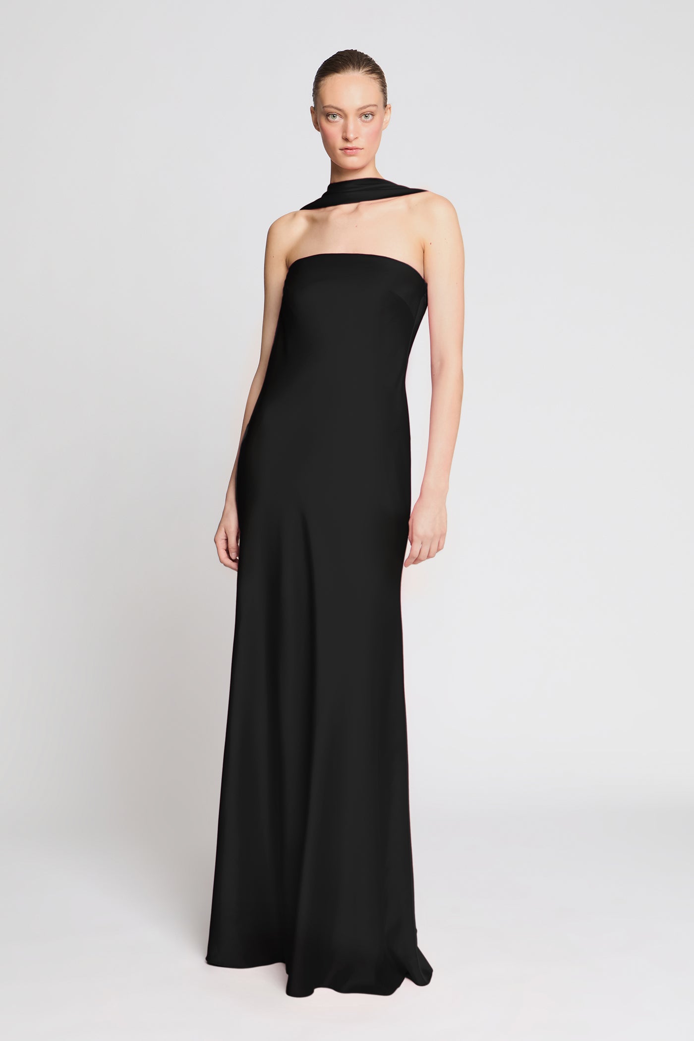 full-length front pose in black satin