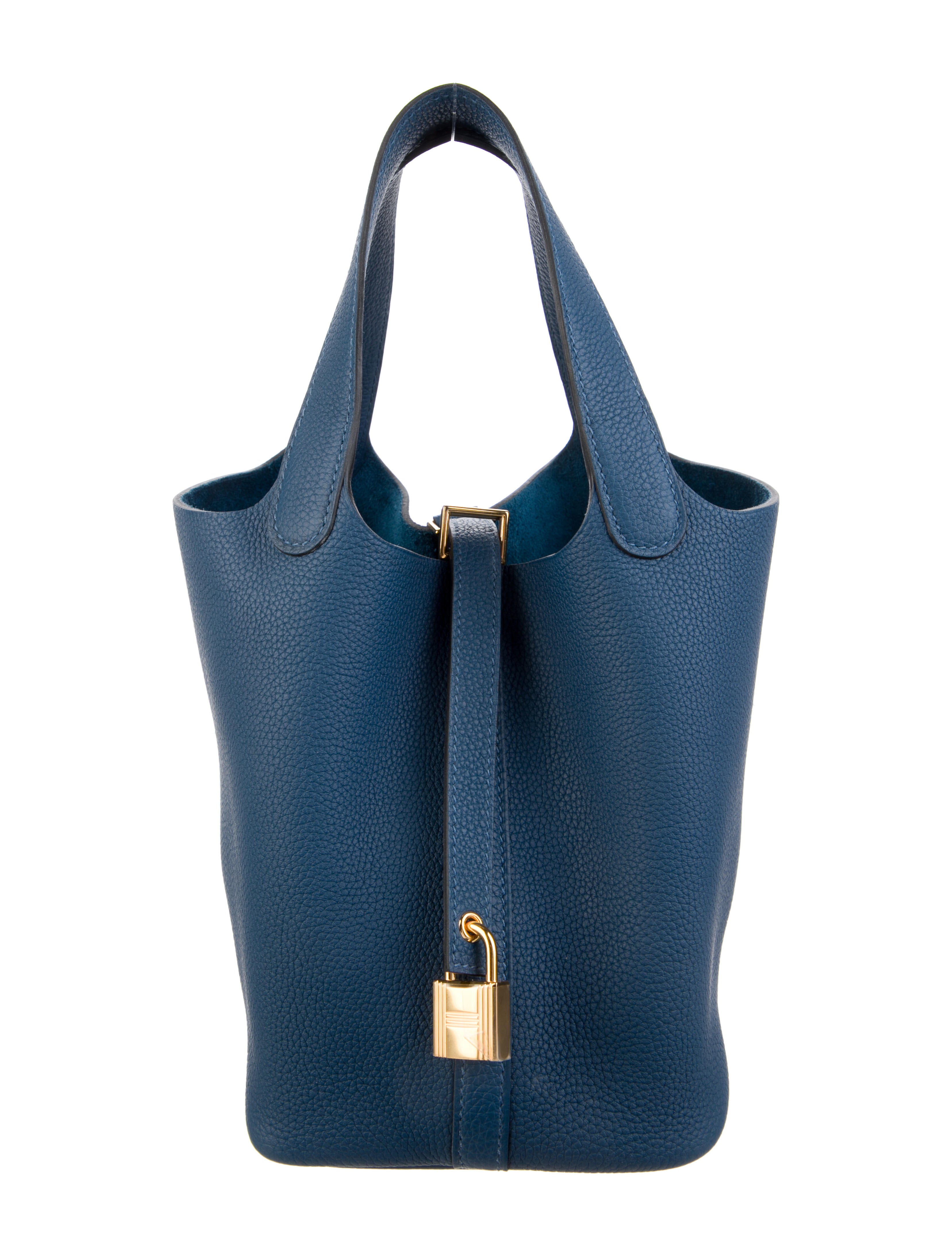 Blue Picotin showing the cinched leather strap closure