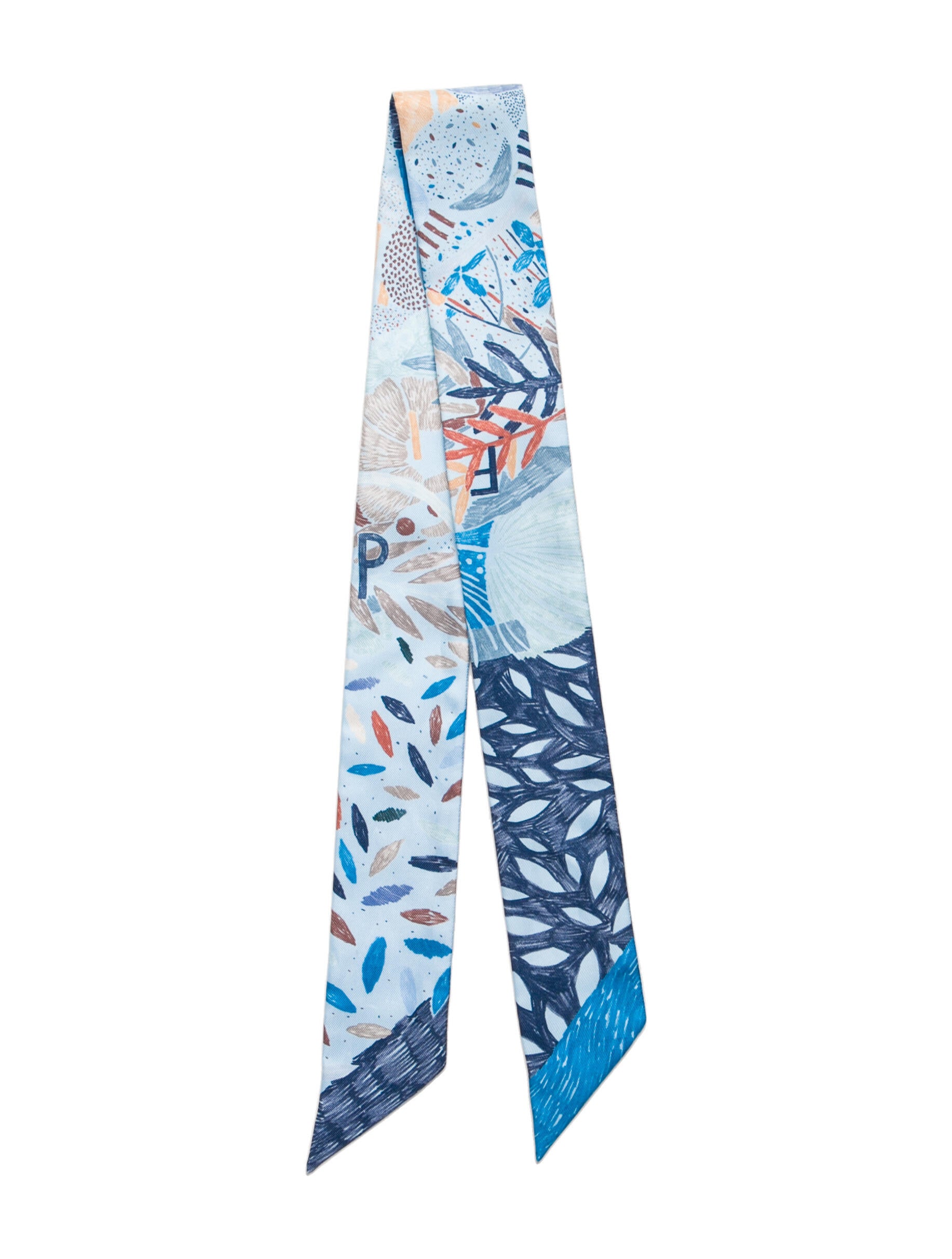 Blue floral Twilly band draped at length