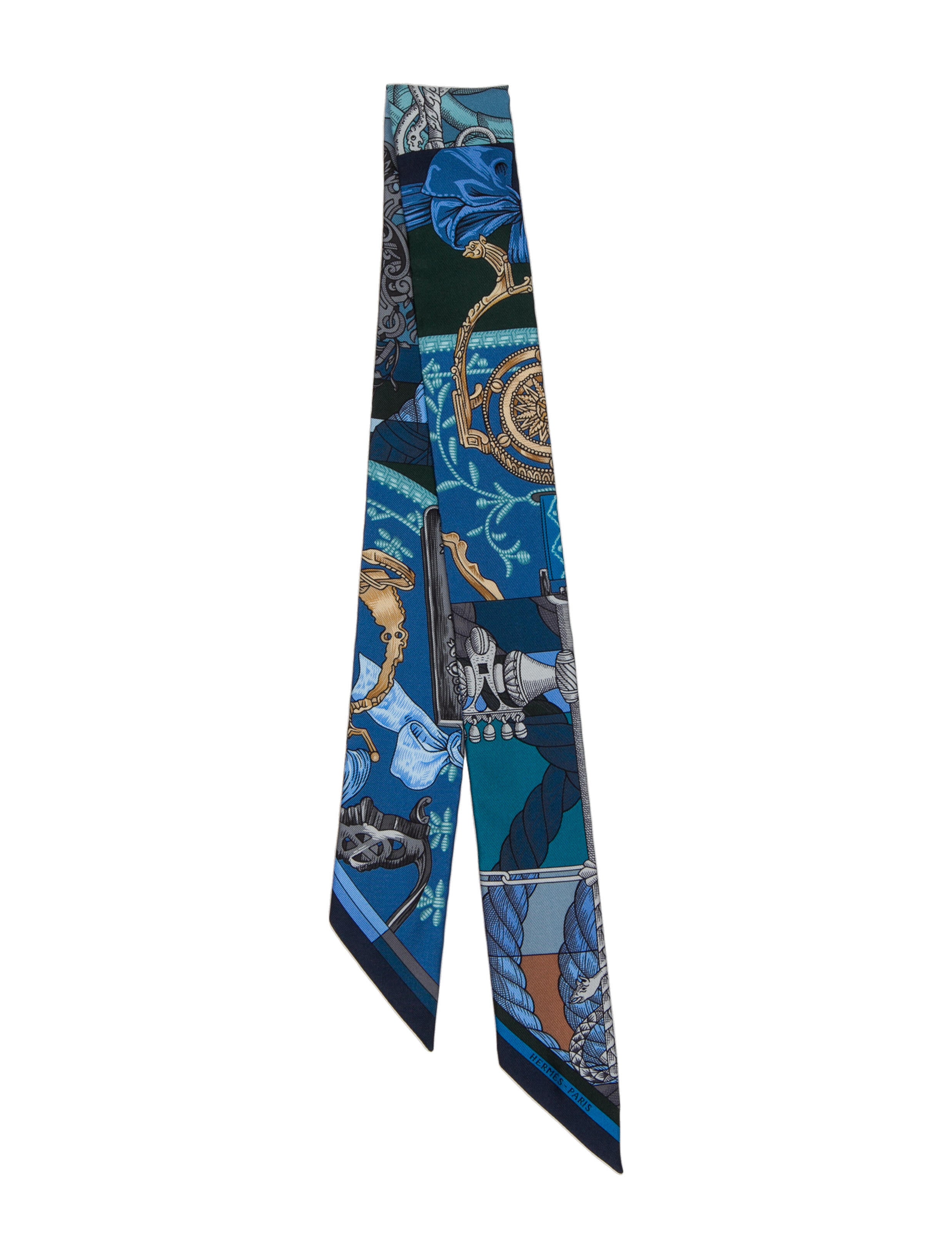 Blue equestrian-print Twilly — the harness-and-passementerie motif