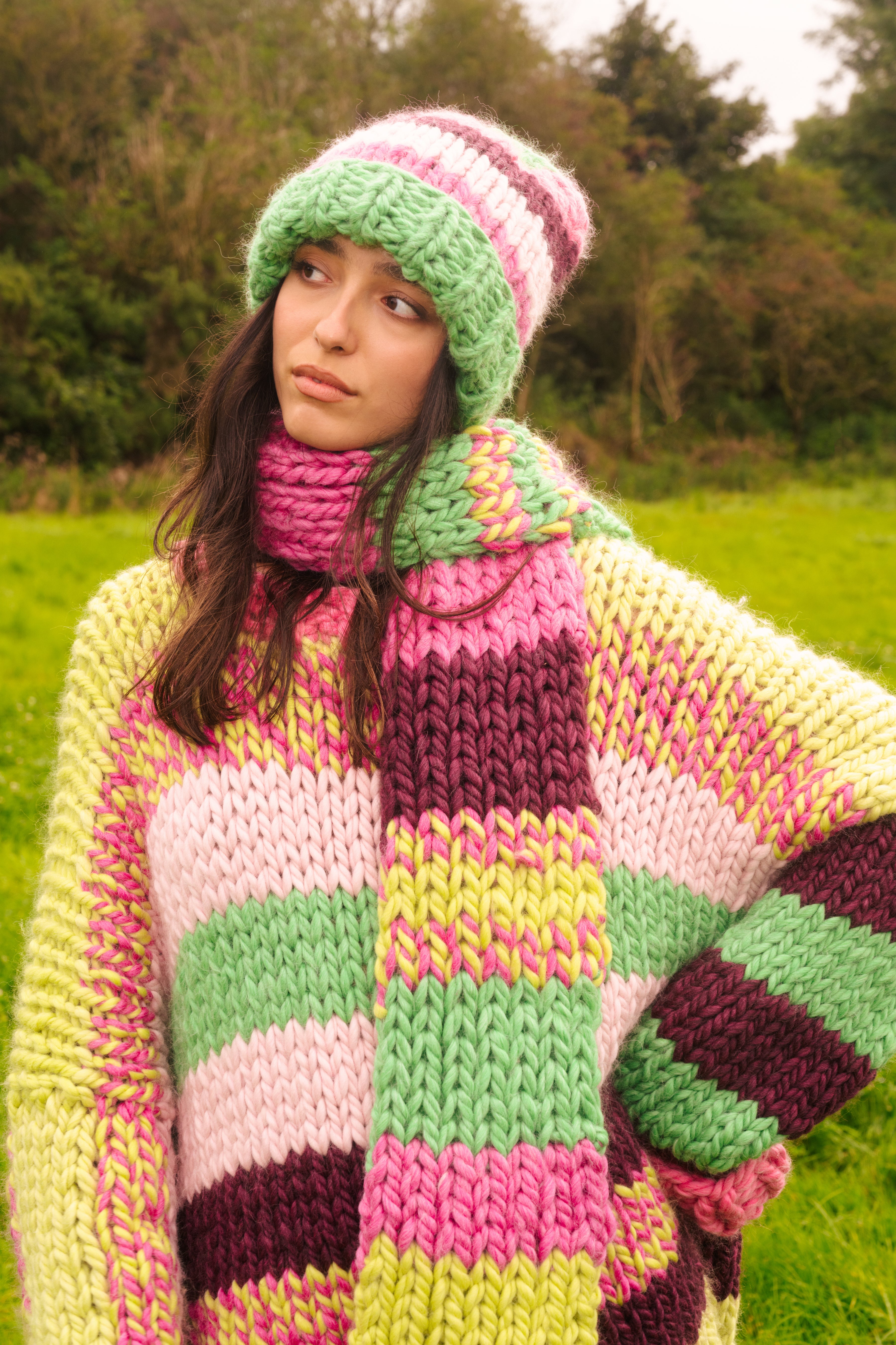 Closer crop on the marled stripes and oversized rib