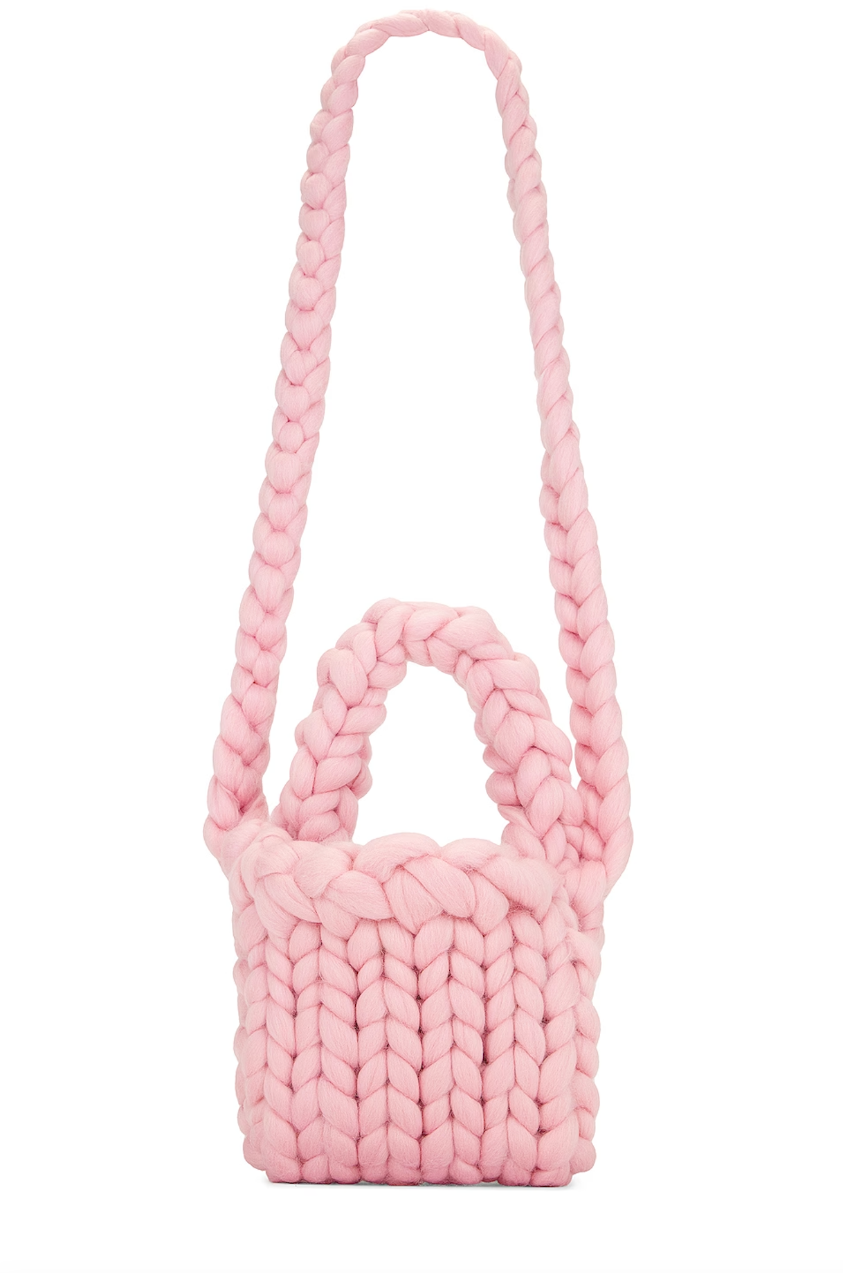 Reverse view of the bag's chunky knitted body