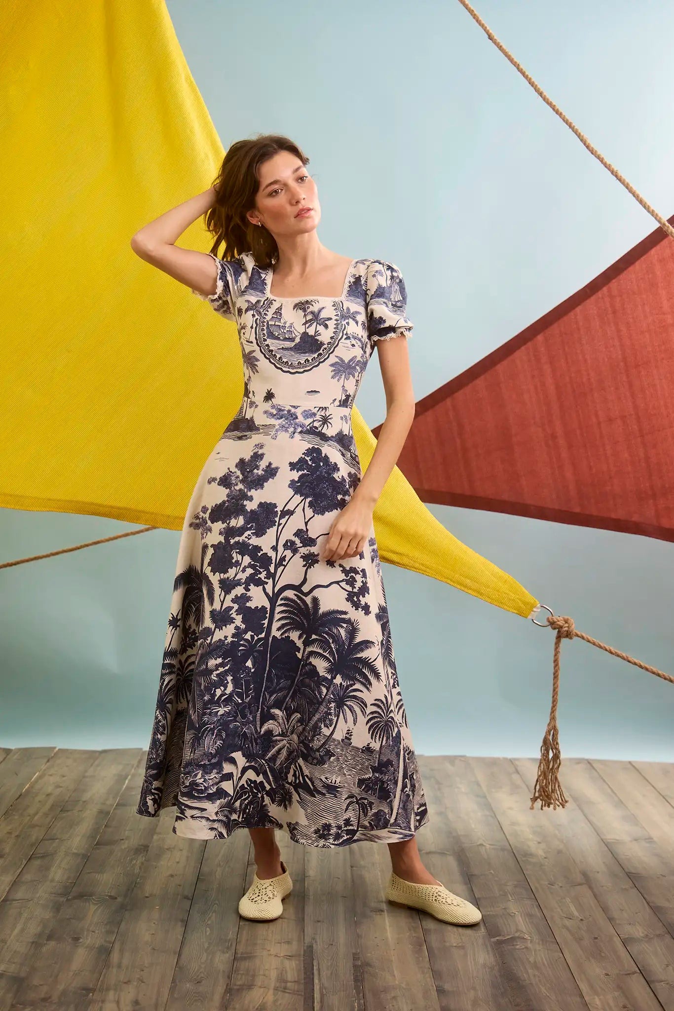 Alternate full-length pose against the color set