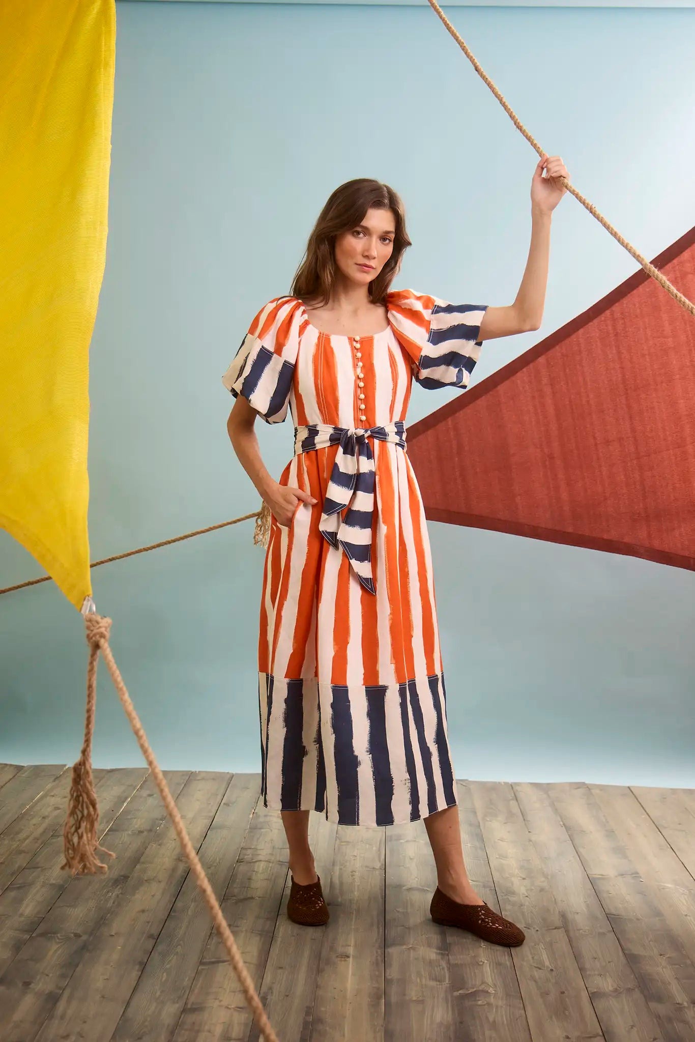 Full-length look in Lighthouse Stripe Red