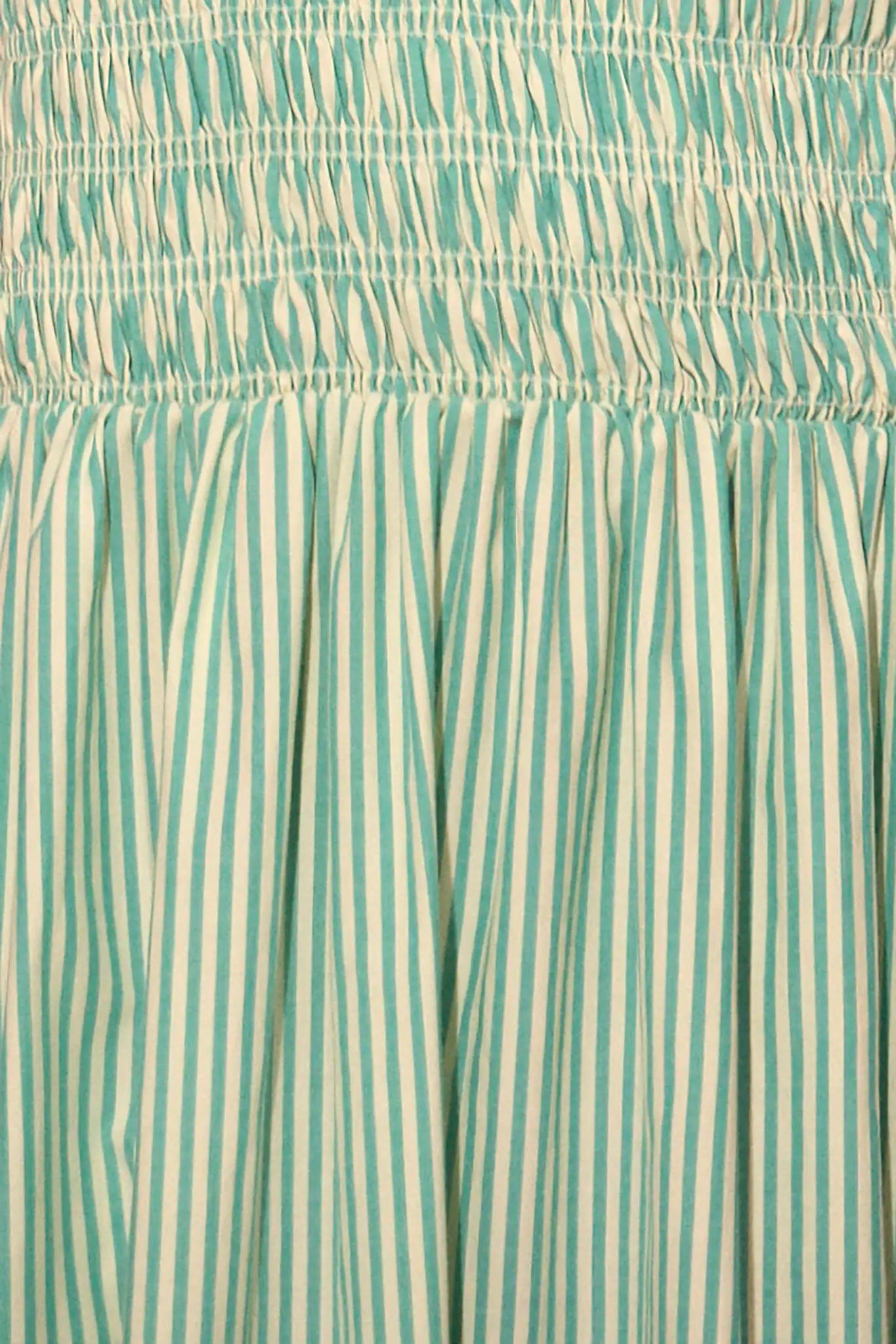 Detail crop of the striped shirting and gathered seam