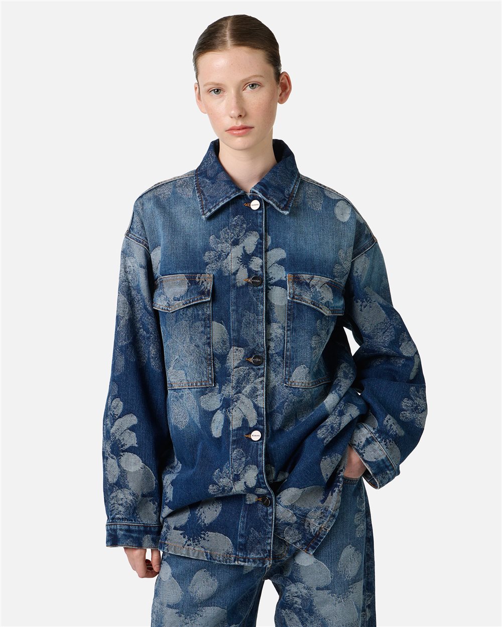 Model shot showing the cropped jacket line