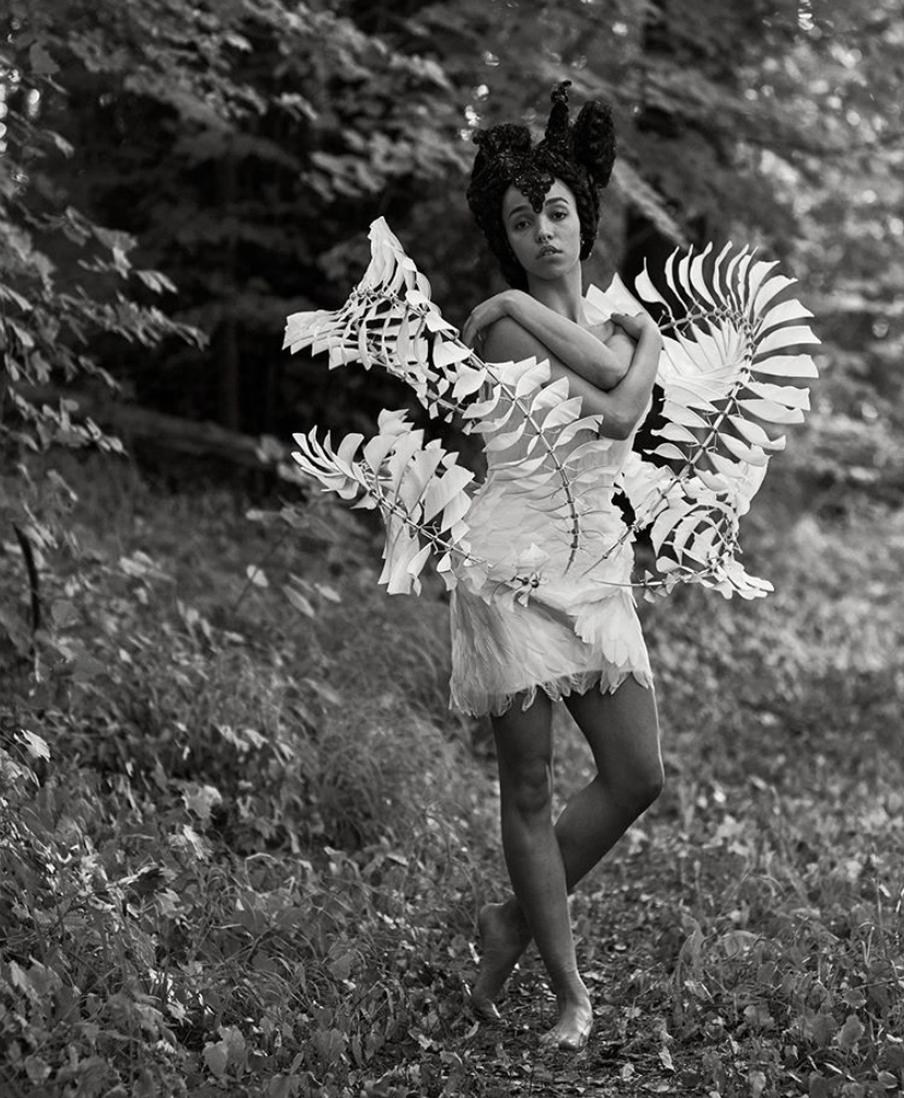 FKA Twigs in editorial Hypnosis couture emphasizing the spiral motif