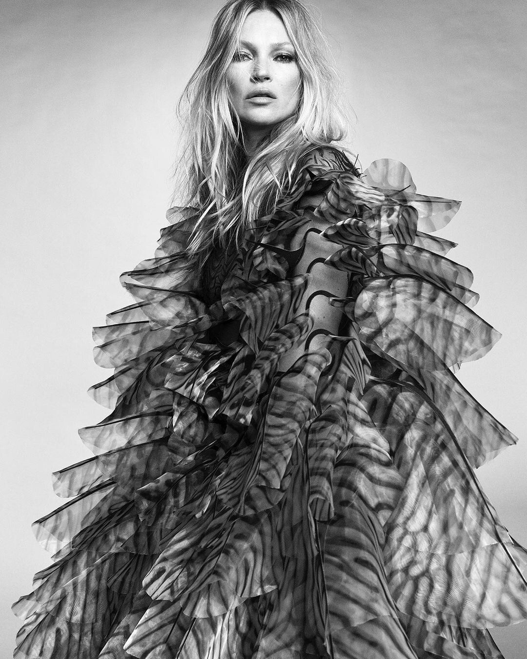 Kate Moss editorial appearance highlighting the fibrous marine silhouette